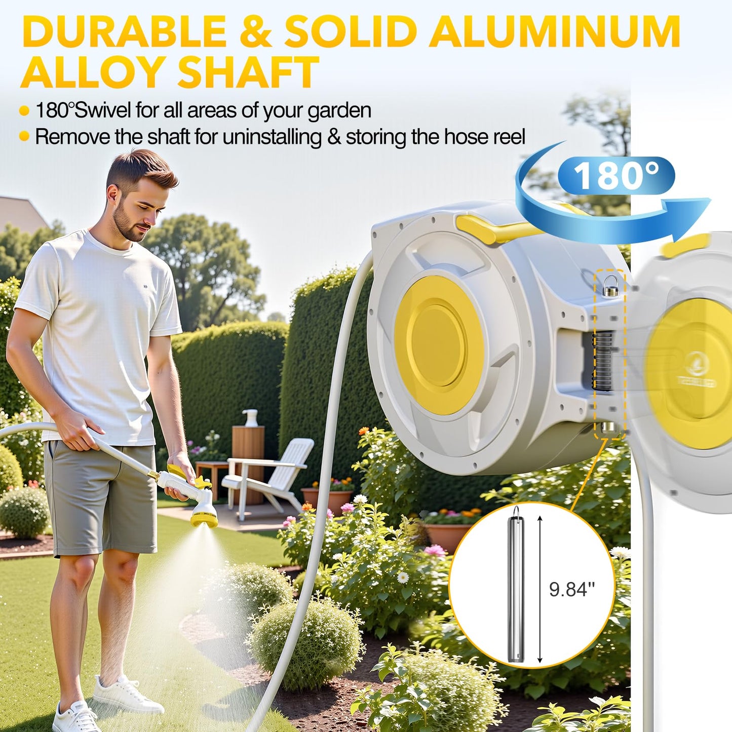 130 ft x 1/2" Retractable Garden Hose Reel, Heavy Duty Water Hose Reel Wall Mounted, Any Length Lock, 180°Swivel, Water Hose with 8-Function Nozzle for Cleaning, Watering (Yellow)