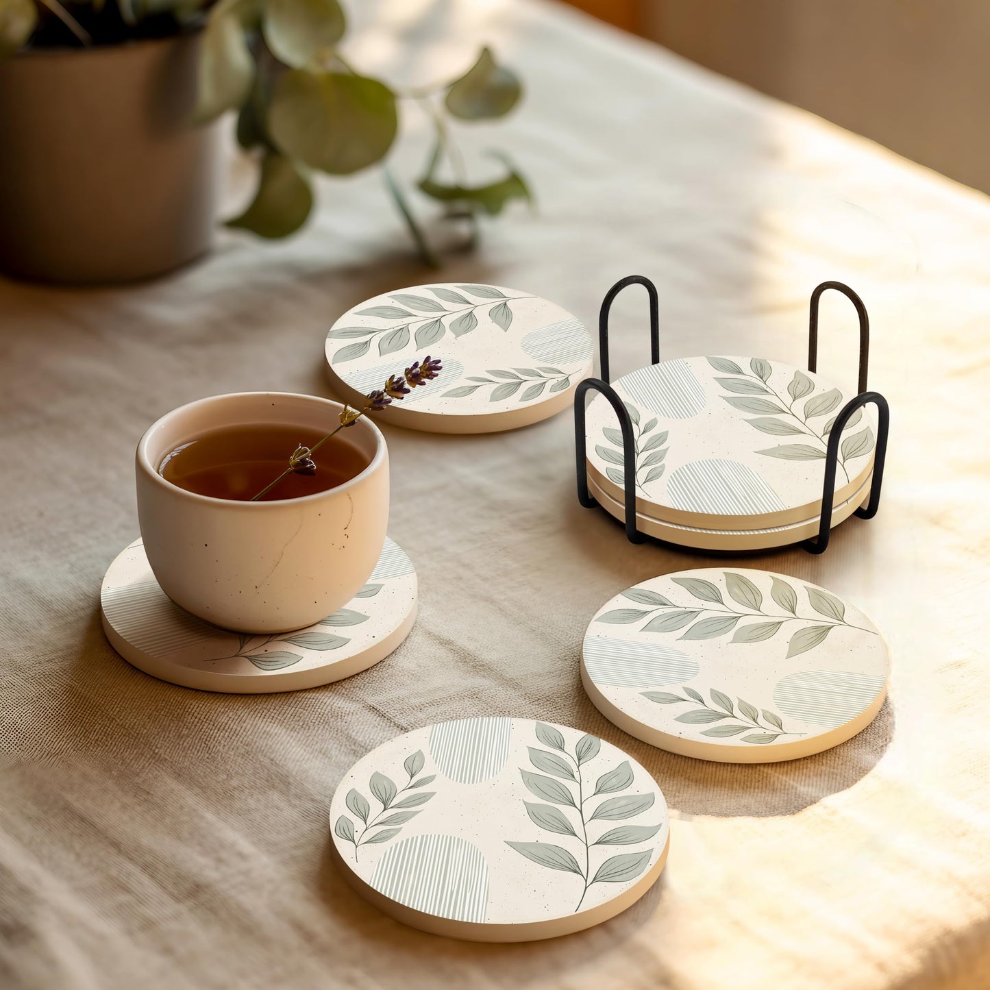 VEYRO Ceramic Coasters Set of 4 – Absorbent Stone Drink Coasters with Holder, Non-Slip Cork Backing, Modern Marble Look Coasters for Coffee Table, Desk & Home Decor