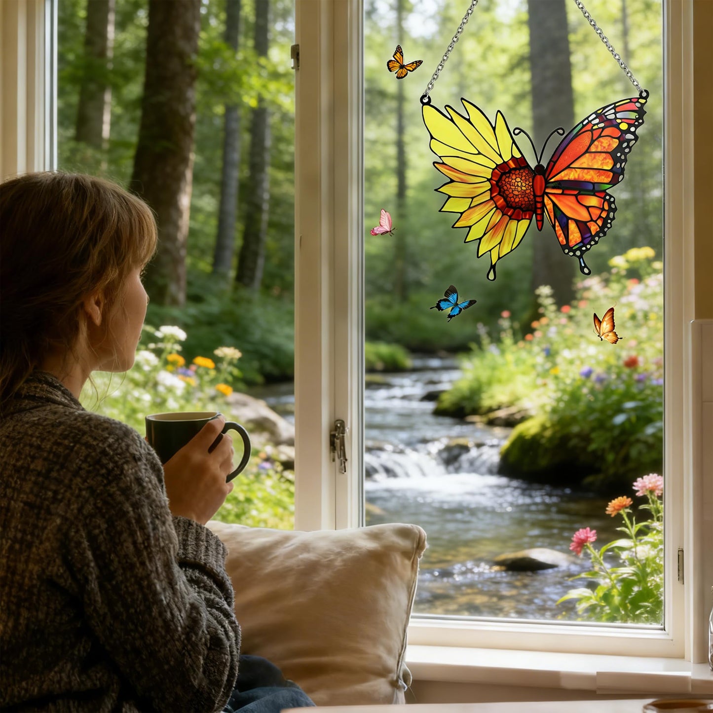Stained Glass Window Hanging 7 * 9Inch Butterfly Flowers Sun Catcher Decor Handcrafted Stained Glass Panel for Window Home Garden Indoor Suncatchers Ideal Gift for Mom & Friends