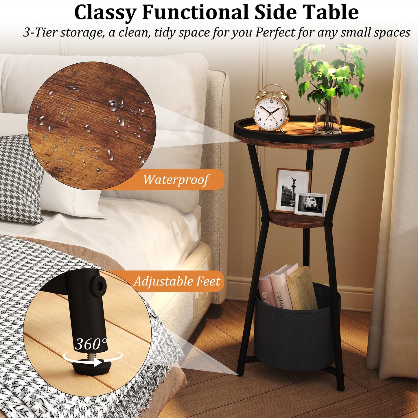 Yusong Round Side Table, Small Drink Table for Small Spaces, 3-Tier Industrial End Table, Accent Nightstand Bedside Table for Living Room, Bedroom, Sofa Couch, Rustic Brown