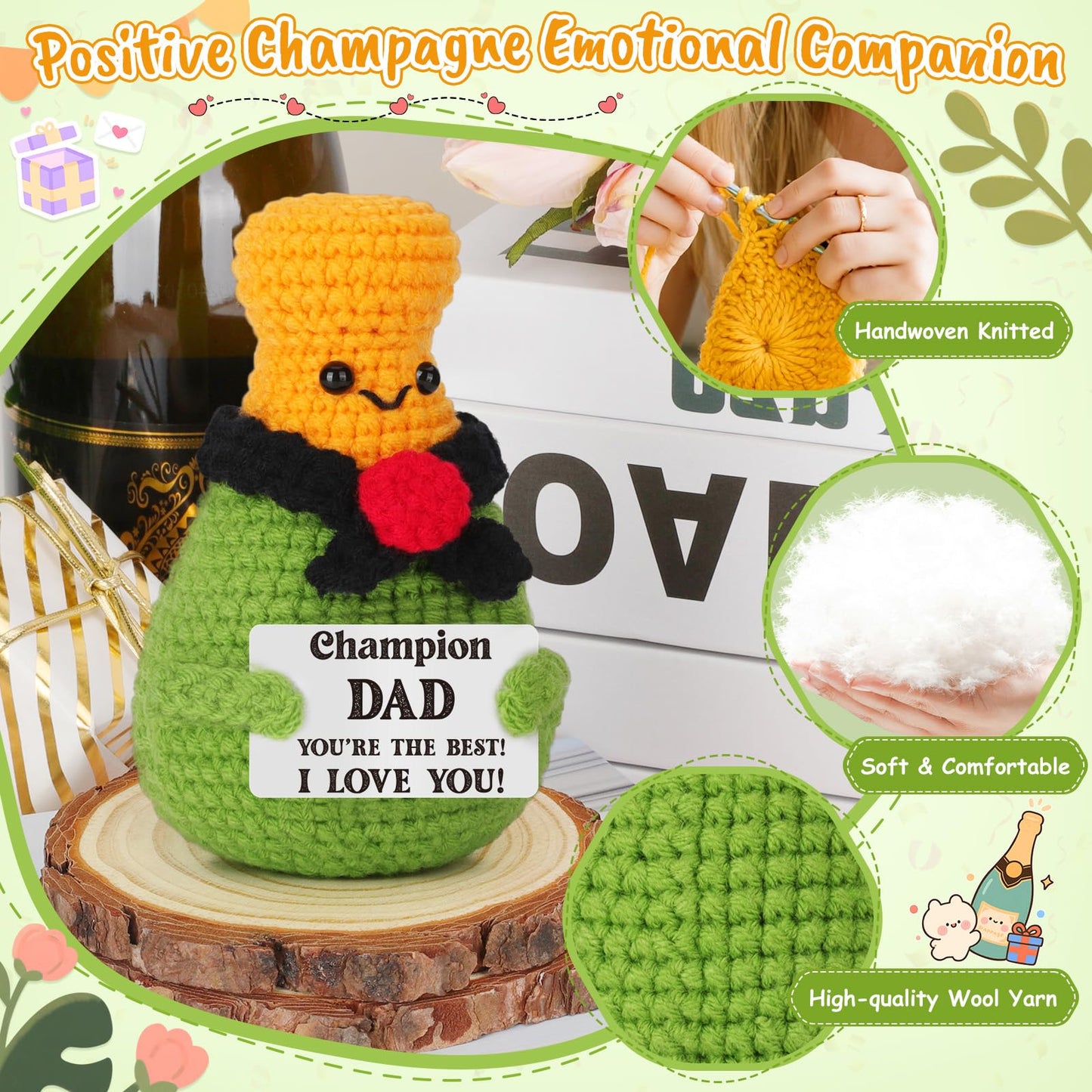 Xinezaa Mini Crochet Valentines Birthday Gifts for Men, Best Dad, Step Dad, Unique Gifts for Men Valentines, Cute Handmade Champagne Gift for Father's Day, Valentines Day Decorations for Home