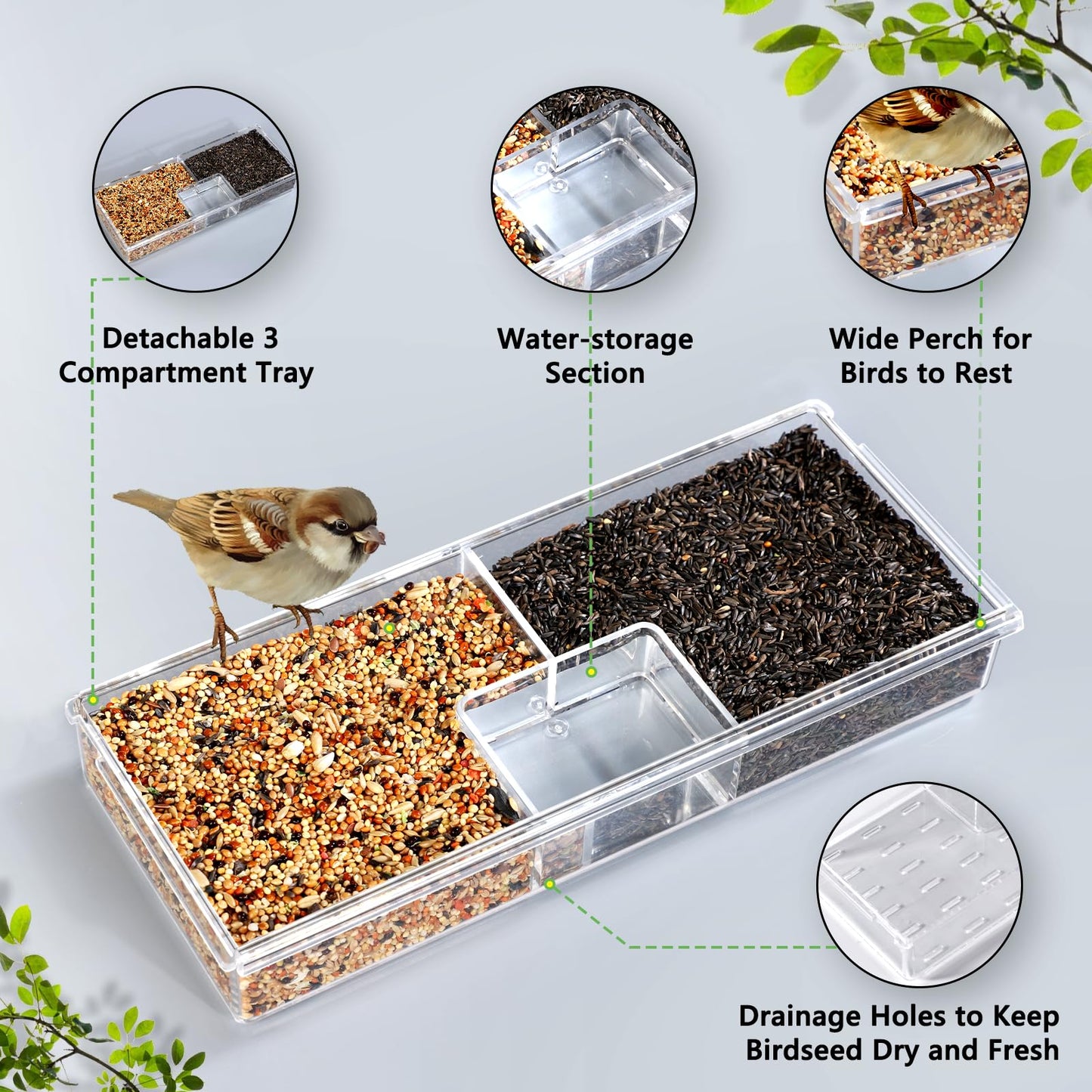 Gbekery Window Bird Feeder for Outdoors with Strong Suction Cups, Acrylic Clear Window Bird Feeders for Viewing with Large Capacity Detachable Seed & Water Tray