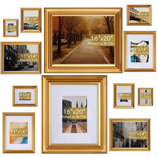 Wonderjune 12 Pack Gold Gallery Wall Frame Set with Removable Mat Picture Frames for 16x20, 11x14, 8x10, 5x7 Photos, Large Vintage Ornate Frames for Tabletop or Wall Mounting Display Multi Sizes