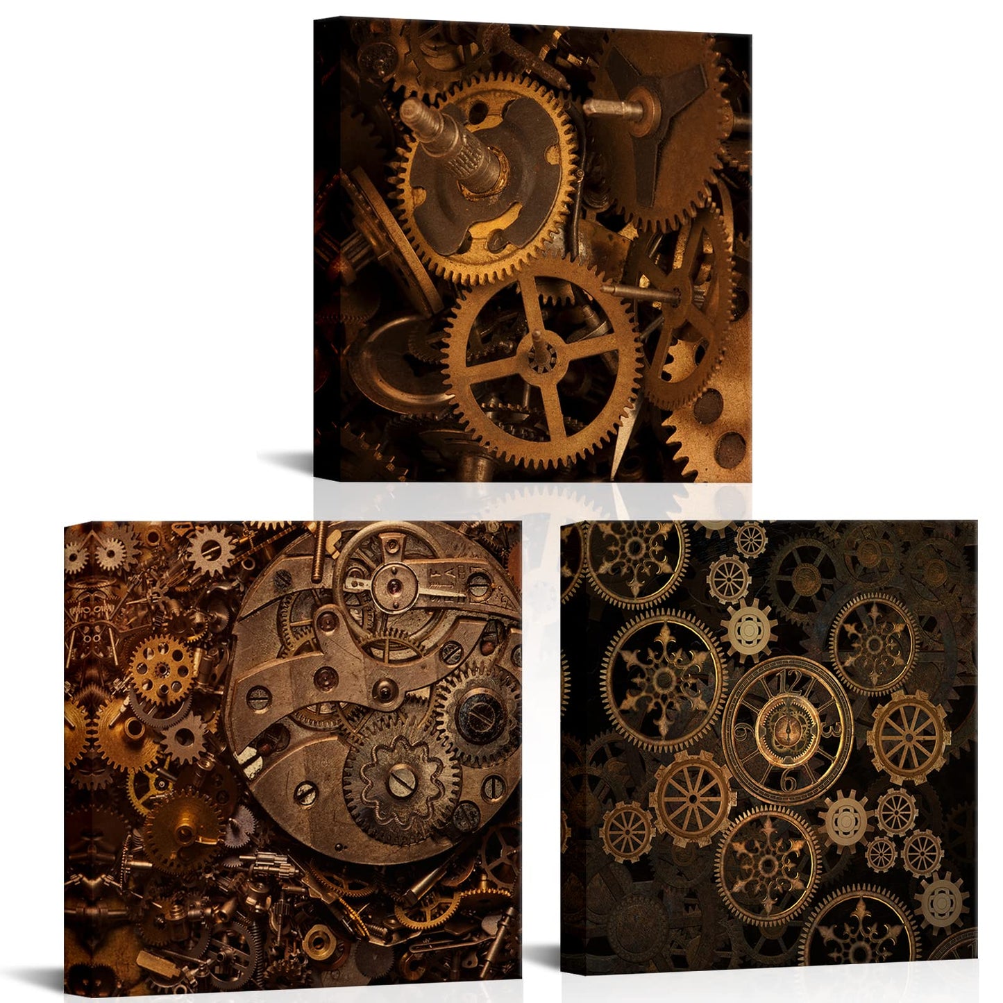 RnnJoile Steampunk Canvas Wall Art Industrial Engines Picture Prints Black Gold Painting for Man Cave Bedroom Wall Decor 12"x12"x3pcs (small)