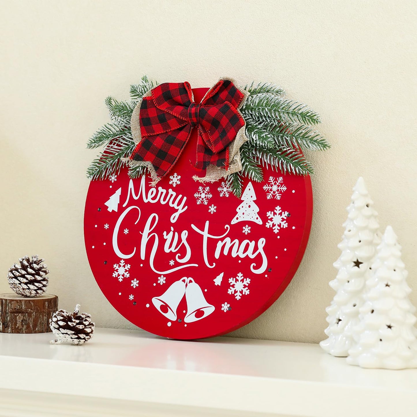 HOMCDALY Merry Christmas Welcome Sign for Front Door, Red X-mas Sign with Light, Holiday Door Decoration Wooden Hanging Sign, Christmas Decoration, Wall Art, Wall Decor(Red)