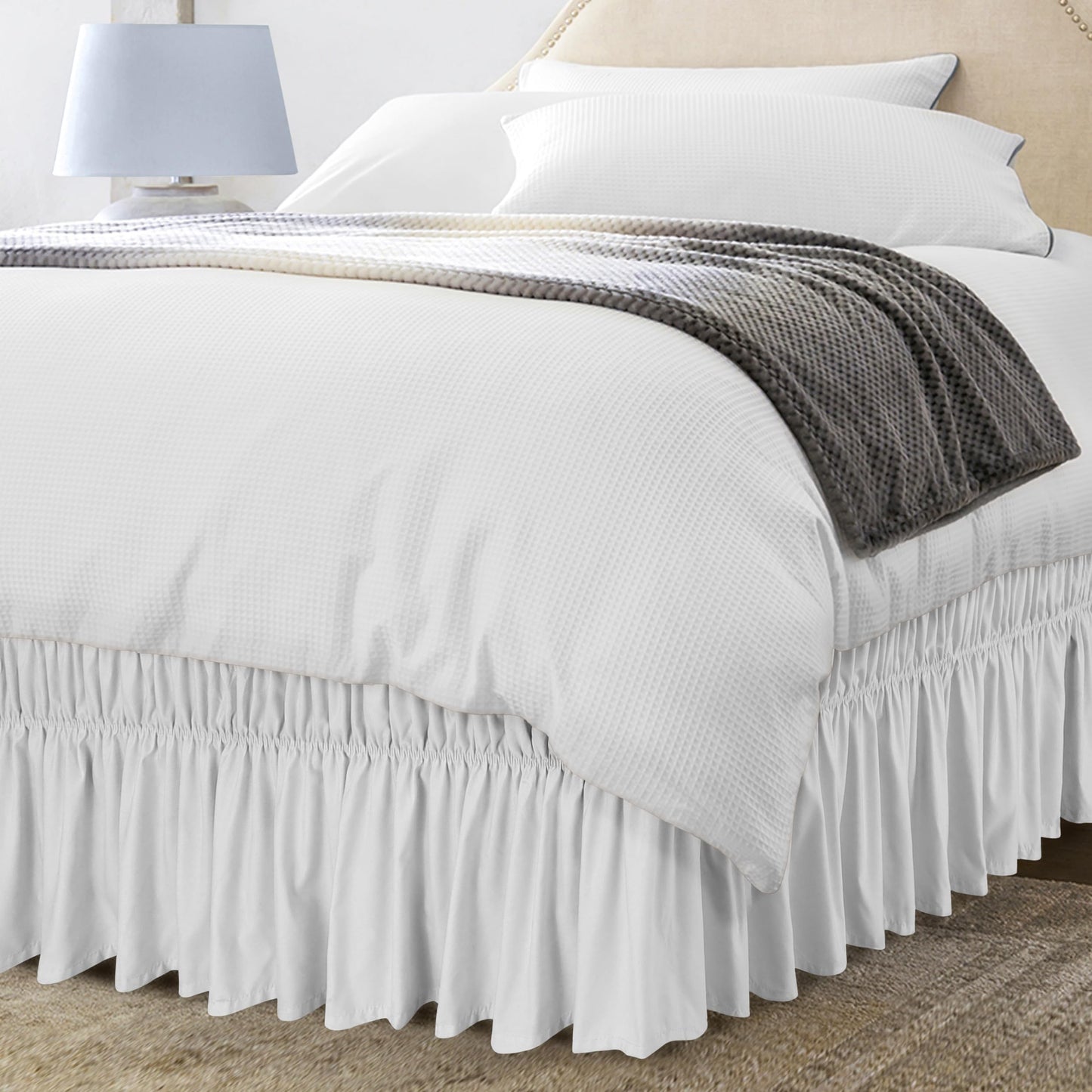 Wrap Around Ruffle Queen Size Bed Skirt – Adjustable Buckle & Elastic Belt for Easy Installation, 16 Inch Drop – Brushed Microfiber - Machine Washable, Fade and Wrinkle Resistant, White