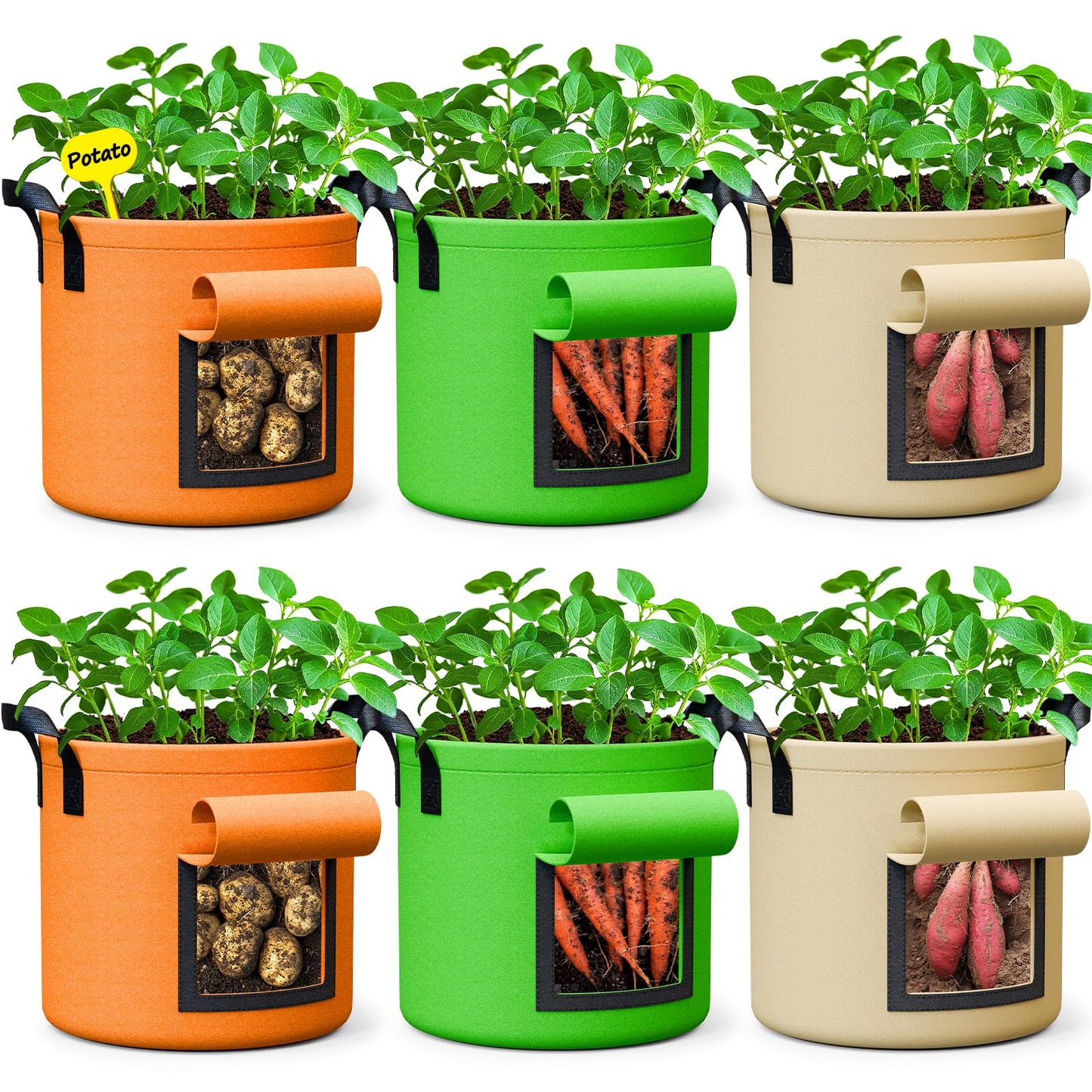 10 Gallon Potato Grow Bags - 6 Pack 350g Heavy Duty Thick Aeration Nonwoven Fabric Pots with Handles, Potatoes Grow Bags 10 Gal with Flap, Garden Bags for Growing Potatoes Plant Vegetables Flower