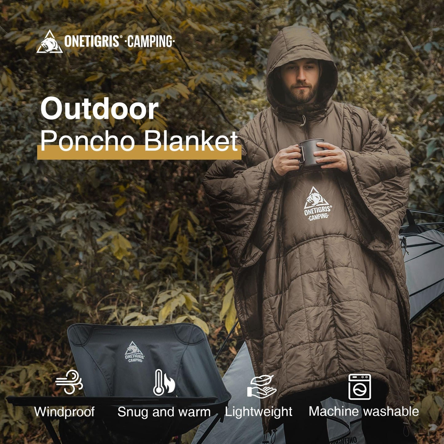 ONETIGRIS Camping Blanket Poncho with with Recycled Synthetic Insulation,Wearable Hoodie Blanket | Ultralight Water-Resistant Warm Camping Blanket for Outdoor, Hiking, Stadium