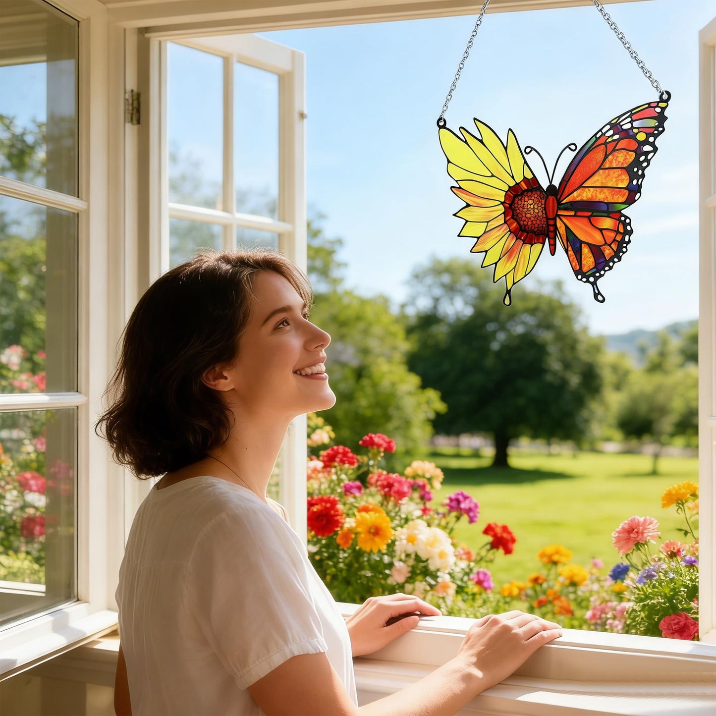 Stained Glass Window Hanging 7 * 9Inch Butterfly Flowers Sun Catcher Decor Handcrafted Stained Glass Panel for Window Home Garden Indoor Suncatchers Ideal Gift for Mom & Friends