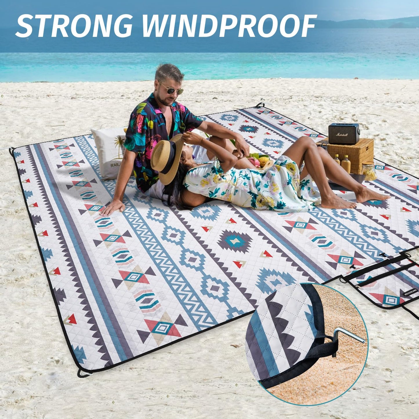 WICKERLAND Picnic Blankets Extra Large - Beach Blanket Waterproof Sandproof with Shoulder Strap, Machine Washable, Outdoor Blanket with Stakes for Grass Concert, Park, Lawn,Travel,Spring Summer. Navy