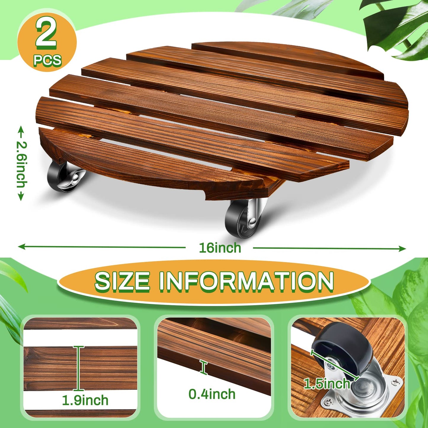 Taiyin 2 Pack 16 Inch Wooden Plant Stand with Lockable Wheels 220 Lbs Heavy Duty Plant Roller with Casters for Outdoor Indoor