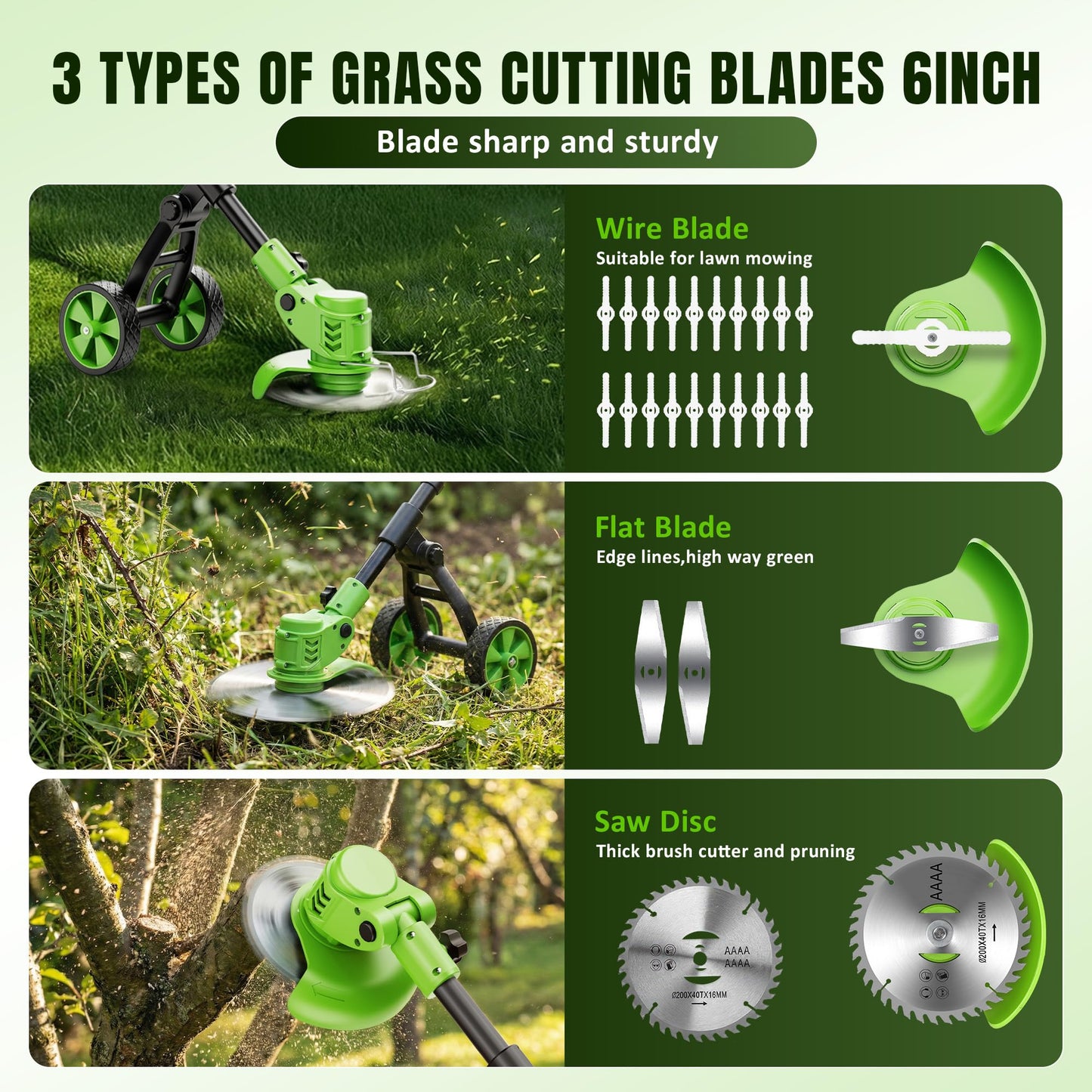 4-in-1 Cordless Weed Wacker with Wheels, 4000mAh Battery Powered Stringless Weed Eater, Brushless Grass Trimmer with 2 Batteries, 3 Blade, Adjustable Head, Lightweight Lawn Edger Brush Cutter