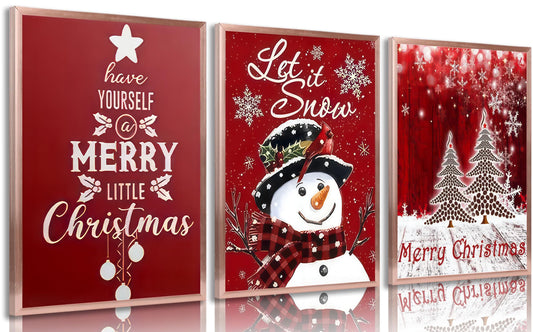 3pcs Red Christmas Canvas Wall Art Tree Snowman Posters Prints Paintings Winter Christmas Quotes Wall Decor Pictures for Living Room And Bedroom Furniture Decoration Unframed