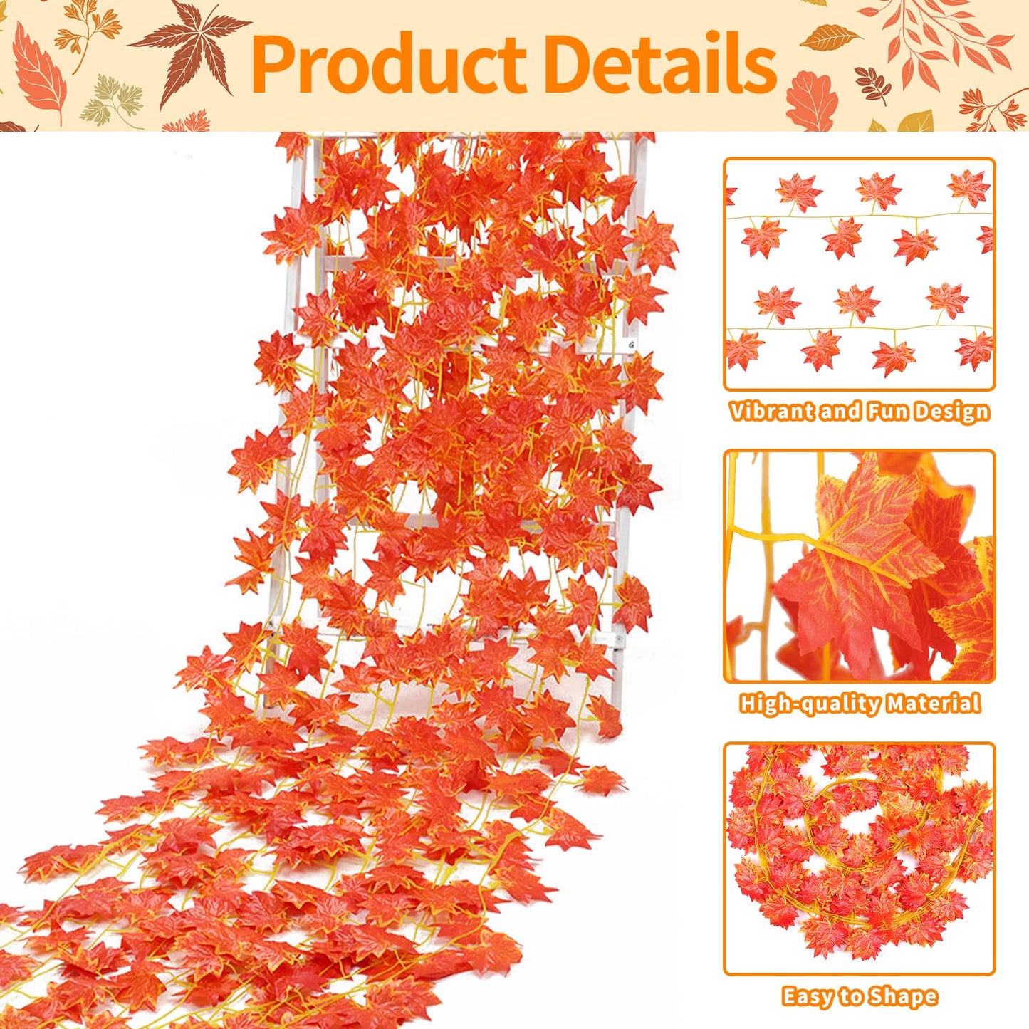 12 Pack 7.9 ft Artificial Maple Leaf Garland, 30 Leaves per Garland, Autumn Leaf Foliage Fall Decorations for Home, Garden, Room, Fireplace, Porch, Thanksgiving, Wedding, Indoor Outdoor Decor
