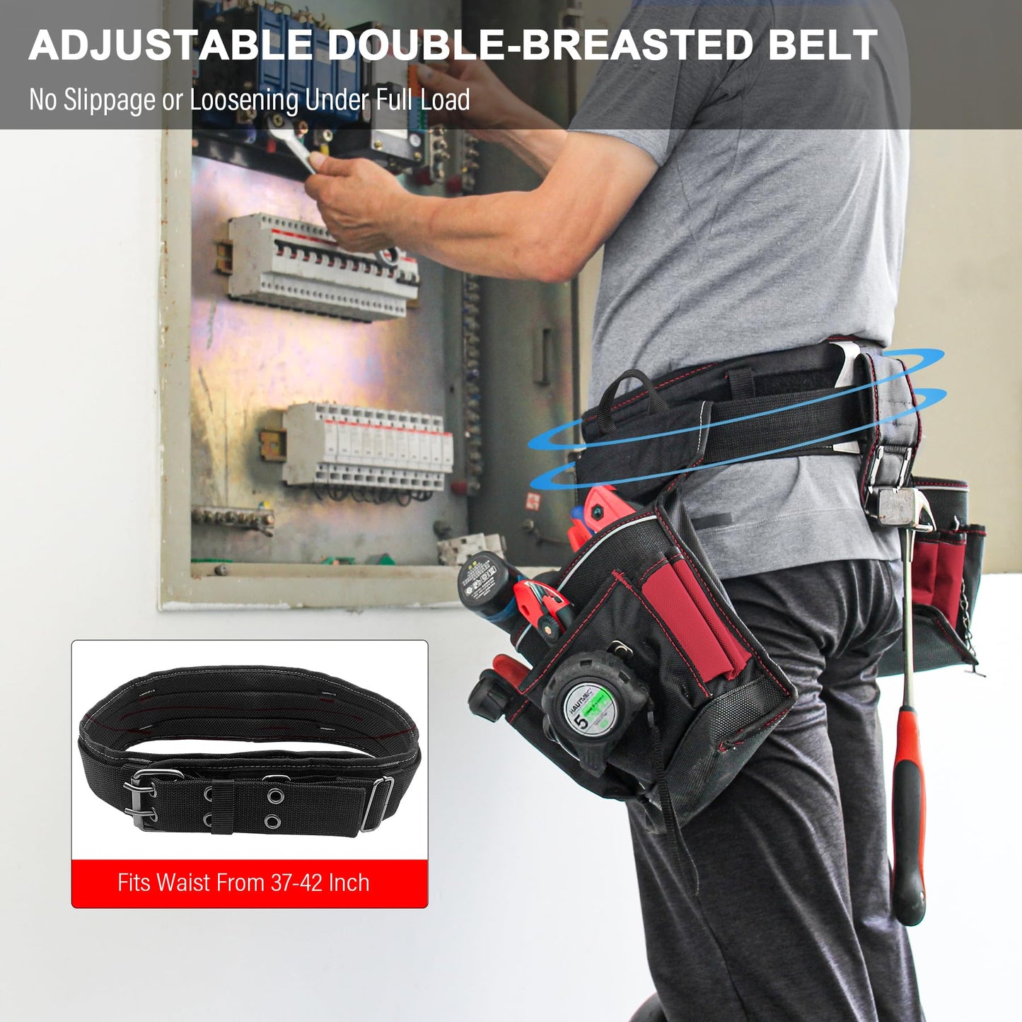 HAUTMEC Heavy-Duty Tool Belt, 20-Pocket 1680D Tool Pouch with Reinforced PVC Base, Adjustable Work Belt (37”–42”) with Drill Pocket, Hammer Loop, Tape Clip & T-Chain for Jobsite Use – HT0177