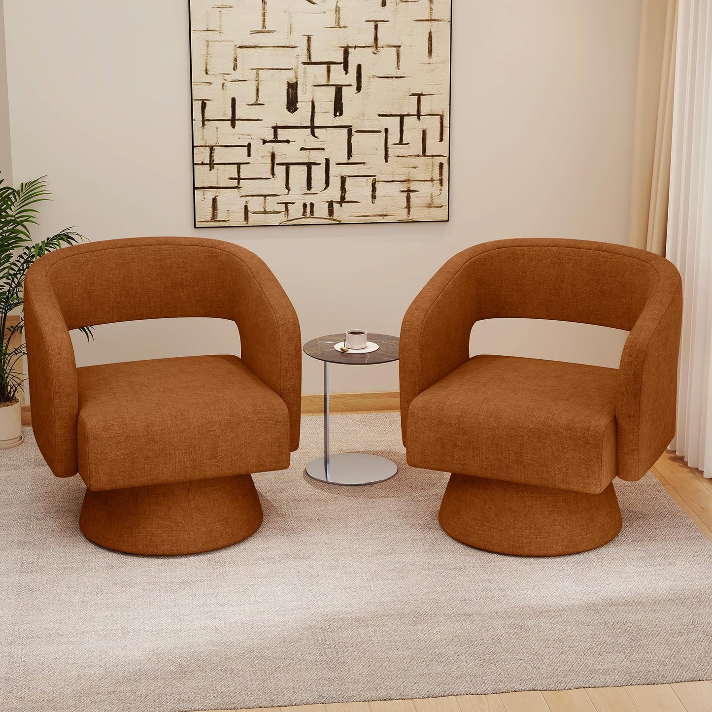 Nebuaegis Swivel Accent Chair Set of 2, Modern Comfy Chenille Barrel Chairs, Oversized Upholstered Round Arm Chair for Living Room, Bedroom, Reading Room, Caramel