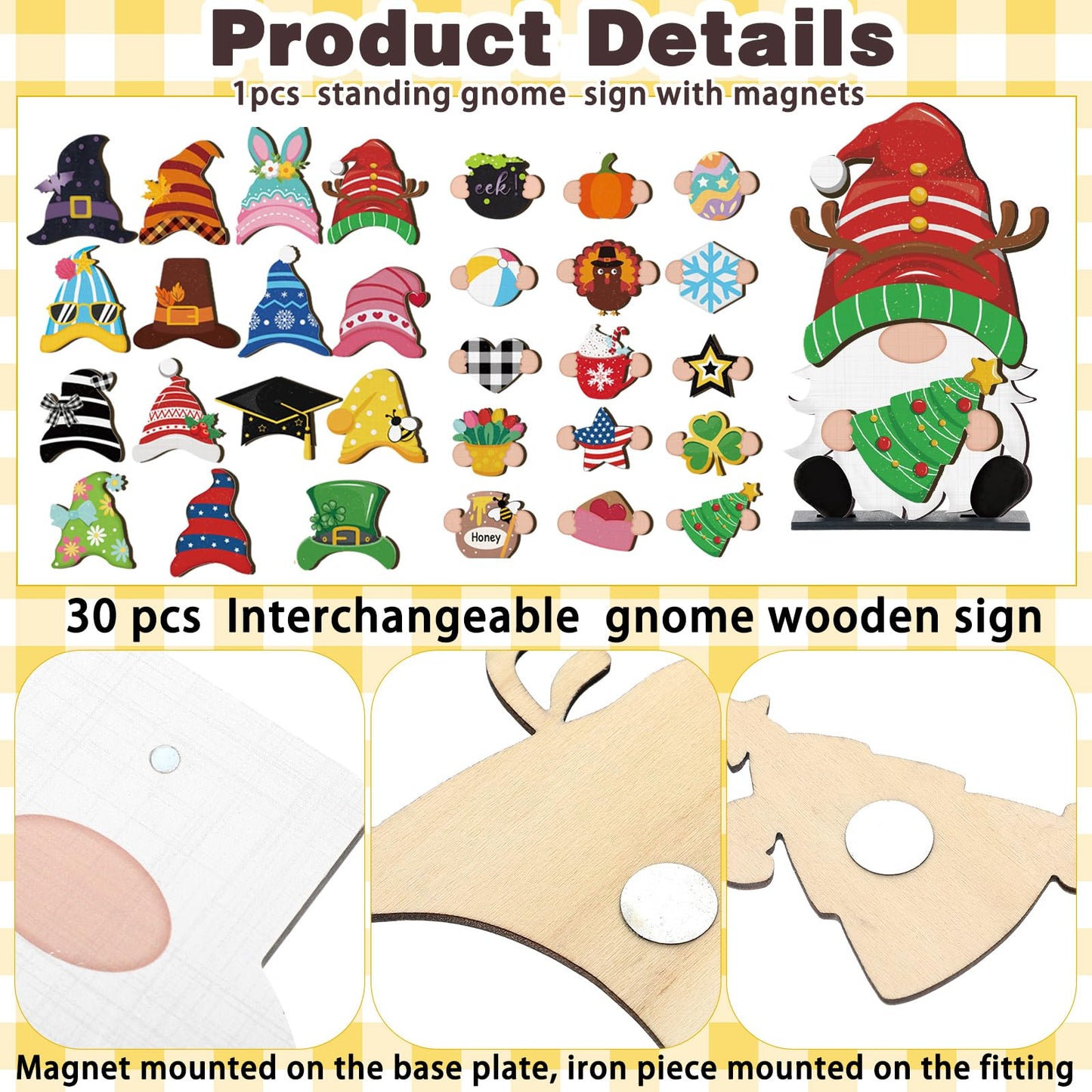Blulu 32 Pcs Interchangeable Wooden Gnome Decor Summer 4th of July Patriotic Gnomes Welcome Sign Holiday Seasonal Tiered Tray Decor with Magnet Pieces for Gifts Decorations (Cute)