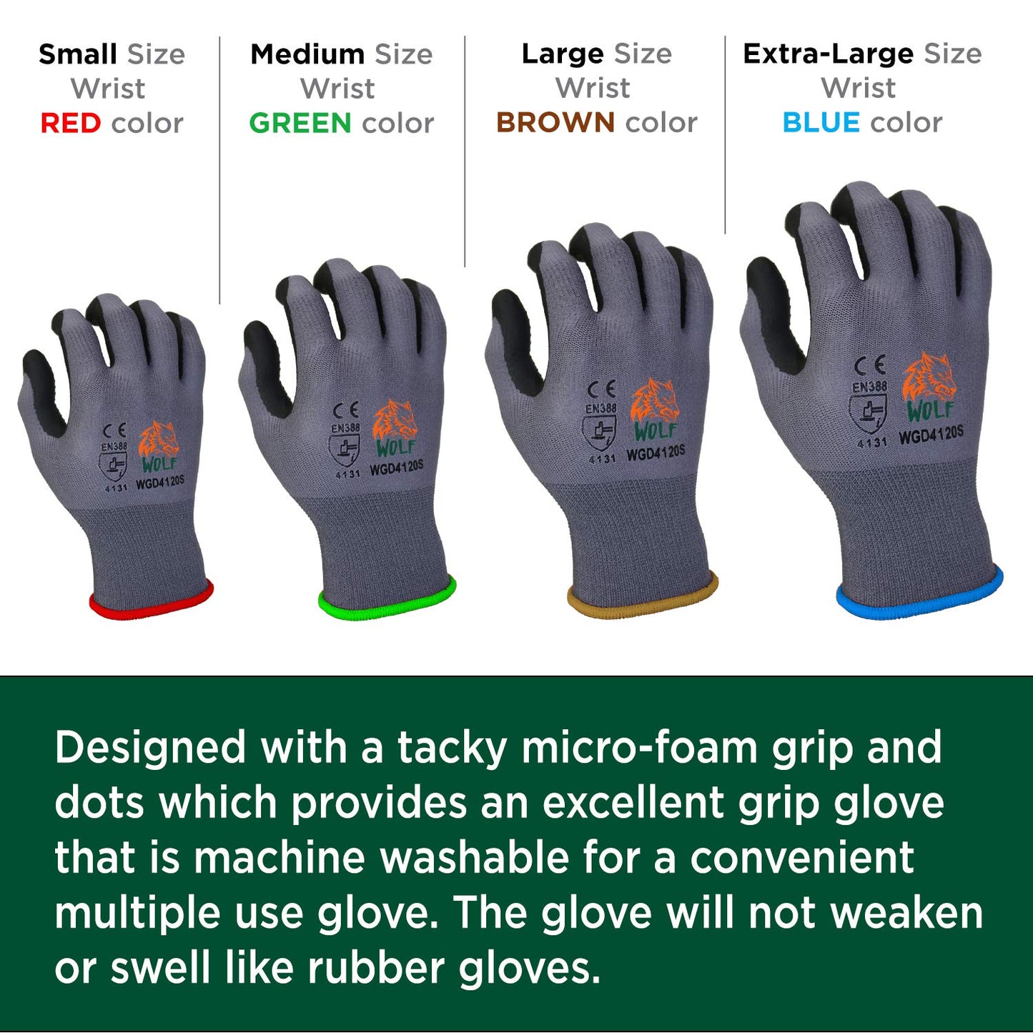 WOLF Ultra-Thin Nitrile Foam Palm Coated Glove with Tacky Dot Grip, Multi Purpose (12, Medium)