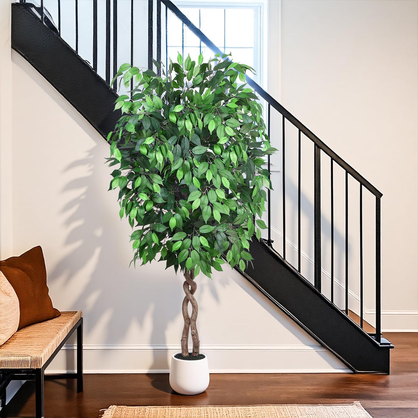 Jocoevol 6FT Artificial Ficus Tree, Tall Faux Trees Indoor with White Planter, Dried Moss, Natural Silk Leaves & Trunk, Fake Plants for Home Living Room Office Corner Decor Housewarming Gift