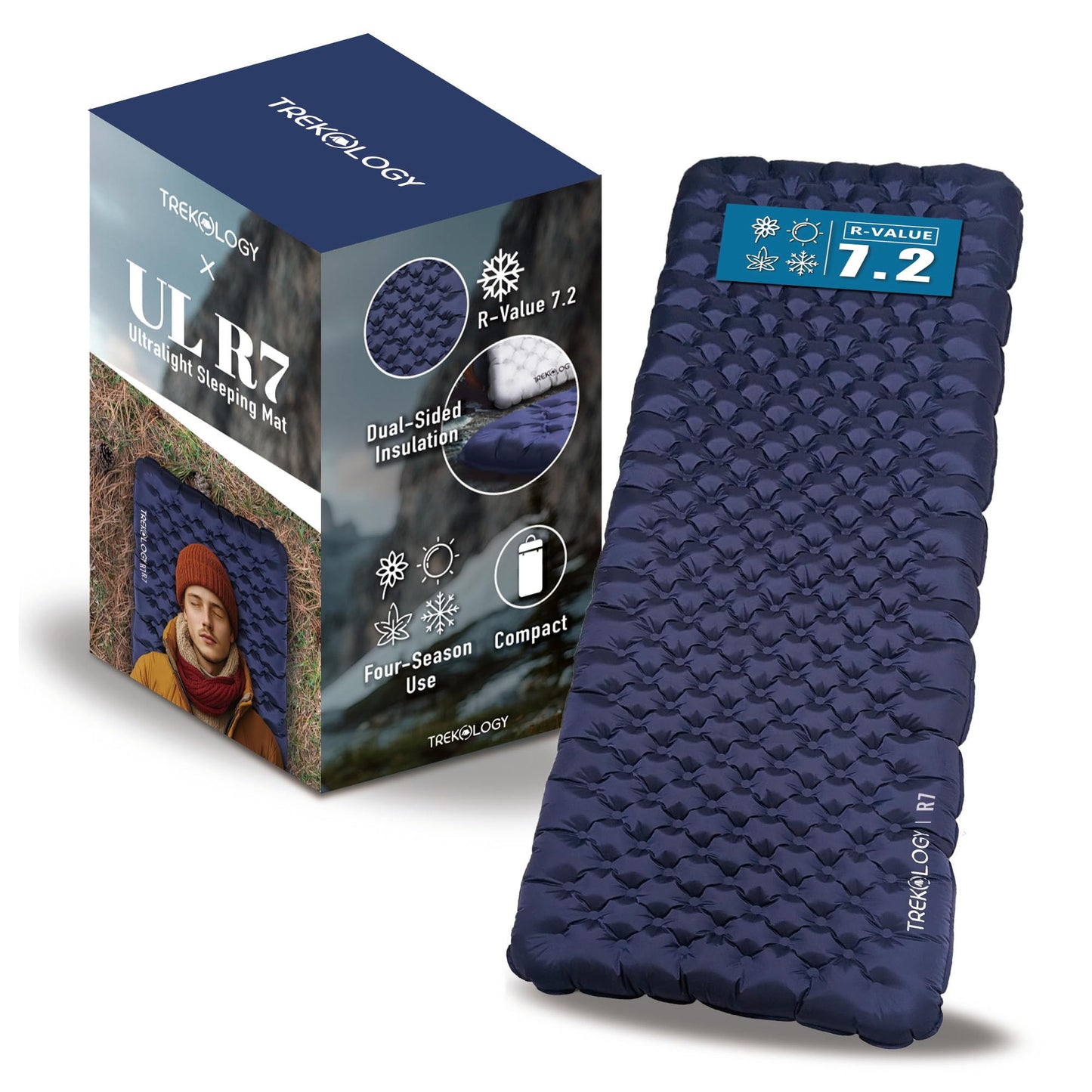 TREKOLOGY Camping Sleeping Pad with 7.2 R-Value– Ultra-Lightweight, 4" Thick Camping Mat for All Seasons – Compact, Durable & Waterproof – Ideal for Backpacking, Hiking, and Outdoor Adventures UL R7