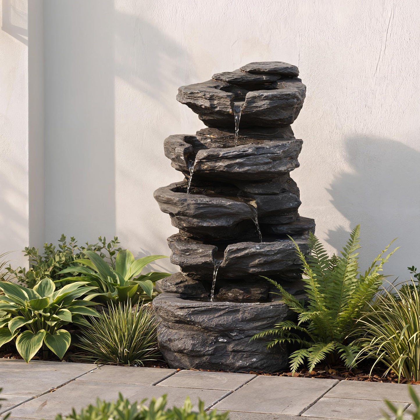 Anunweldo 19.7" Tall Outdoor Water Fountain, 5 Tier Cascading Bowls and Stacked Water Fountain with LED Lights, for Yard Décor, Backyard, Patio and Deck (19.7'')