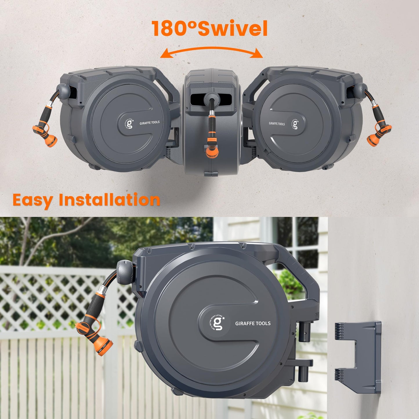 Giraffe Tools Retractable Garden Hose Reel, 5/8" x 62 ft Wall Mounted Hose Reels with 180° Swivel Bracket, Any Length Lock Hose Reel with 9- Function Sprayer Nozzle