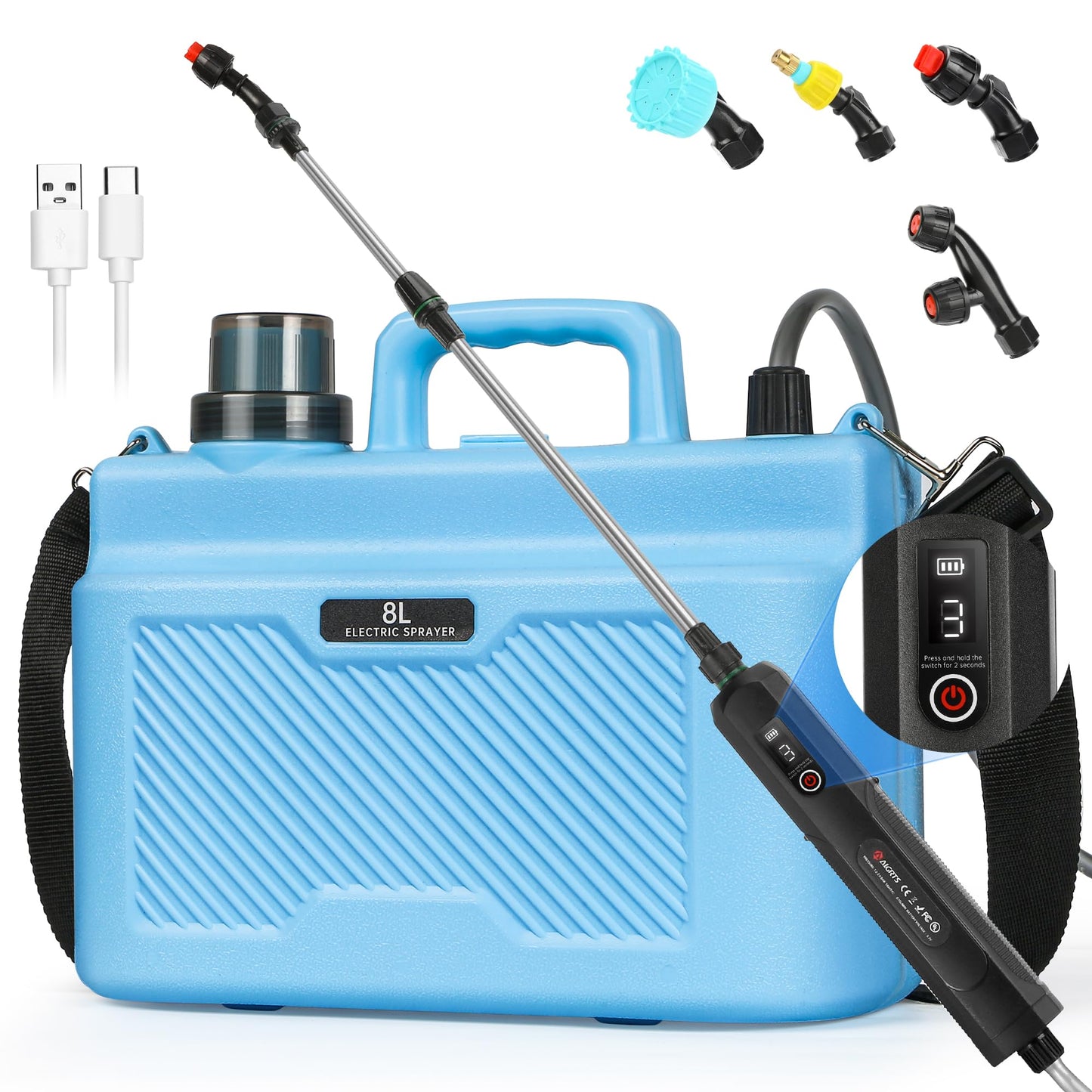 Battery Powered Sprayer 2 Gallon, 7.4V Powerful Electric Garden Sprayer, Rechargeable Weed Yard Lawn Sprayers with 4 Mist Nozzles, Retractable Wand, Adjustable Shoulder Strap