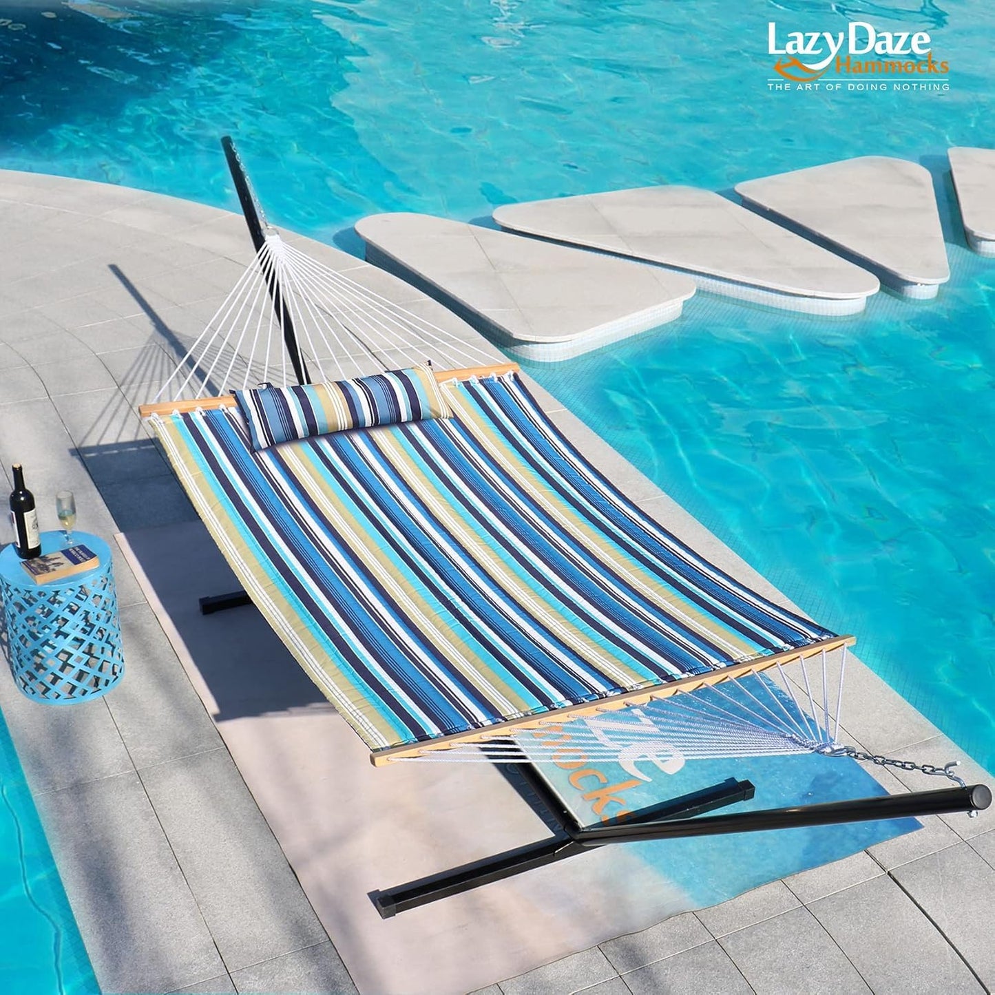 Lazy Daze Hammocks 12 FT Quilted Fabric Double Hammock with Spreader Bars and Detachable Pillow, 450lbs Weight Capacity