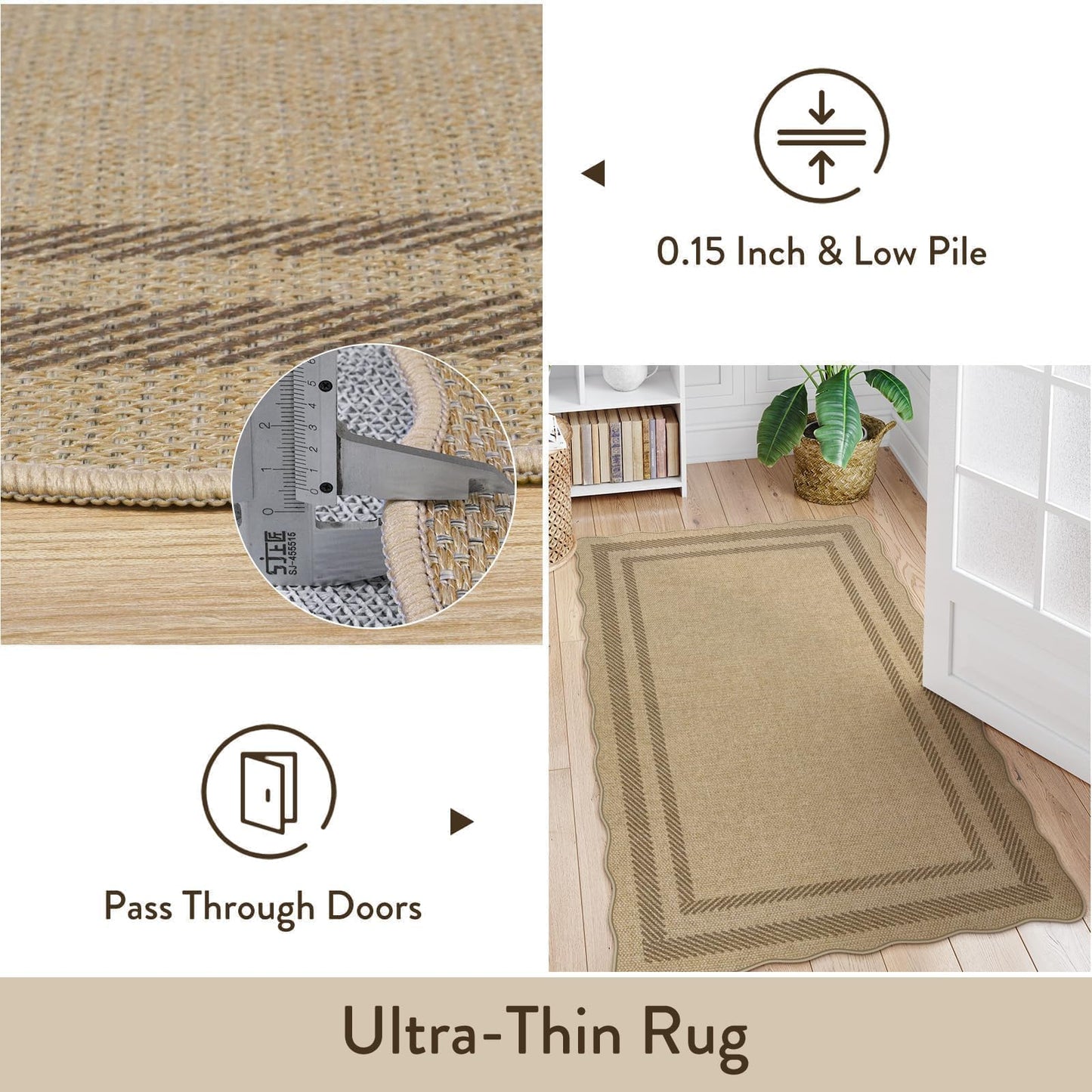LIVEBOX Scalloped Easy Jute 3x5 Outdoor Rug, Washable Non-Slip Geometric Tan Rugs for Entryway, Indoor Outdoor Farmhouse Rug Modern Carpet Door Mat Area Rug for Patio Bedroom Living Room Kitchen Porch