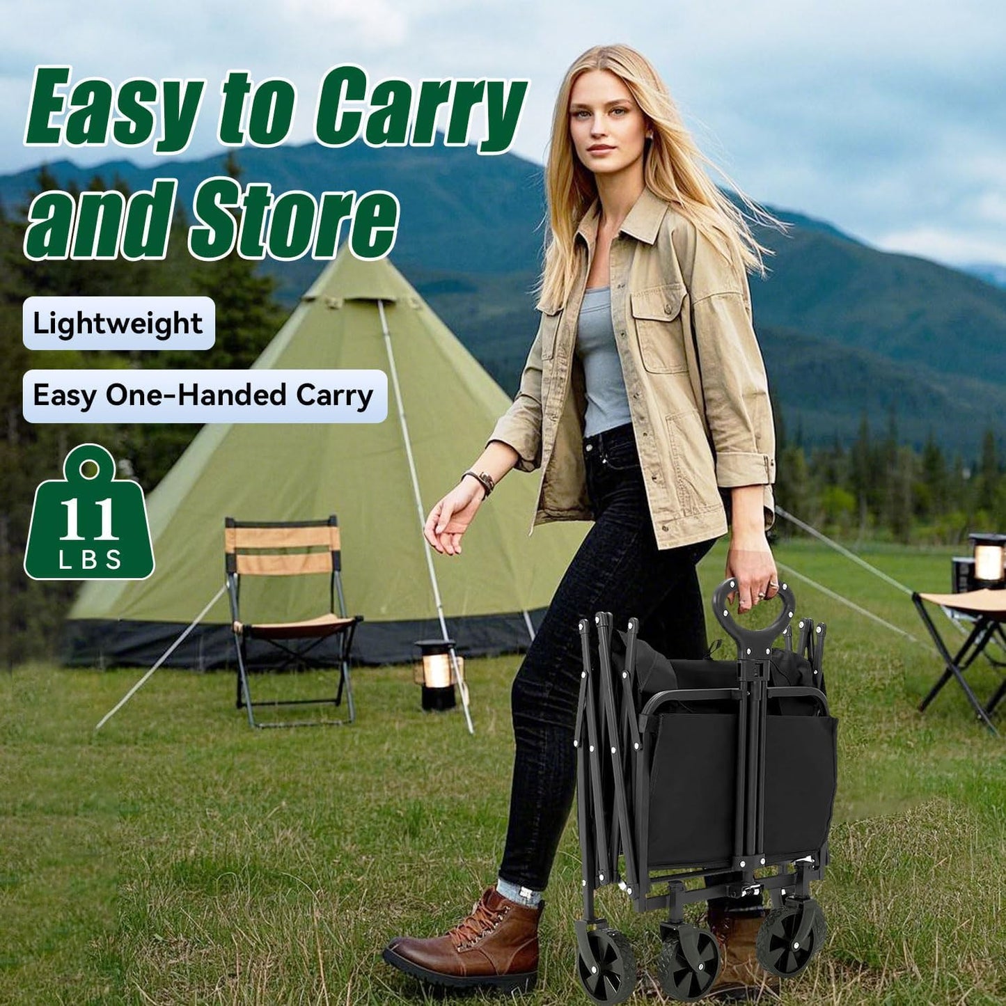 Joxir Collapsible Wagon Cart Foldable 120L 360lbs Capacity, Lightweight Portable Beach Wagon, Shopping Carts with Wheels for Grocery, Camping, Shopping, Garden Cart