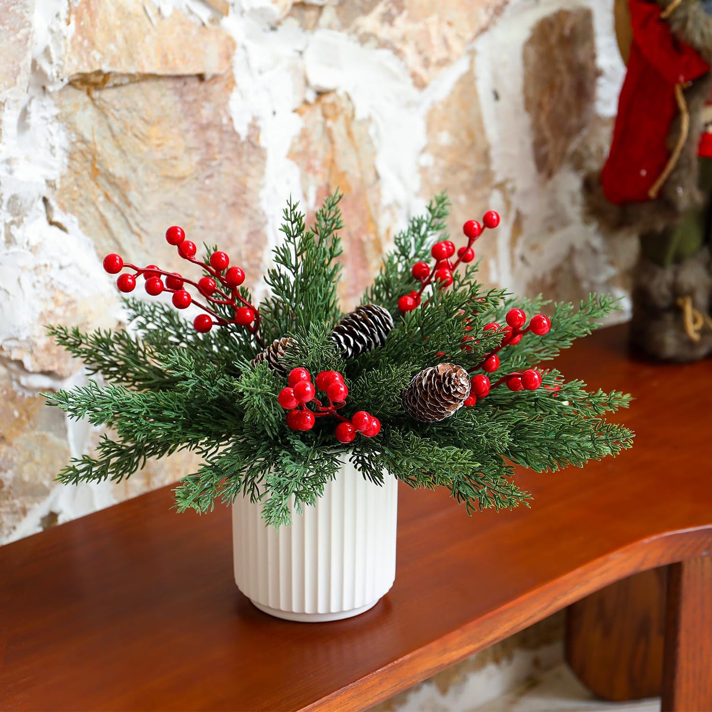 HOMCDALY Christmas Artificial Pine Branches with Red Berry and Pinecone for Tabletop Christmas Decorations, Fake Plants with Ceramic Pot, Small Chritstmas Tree for Home Décor, Christmas Decor Indoor