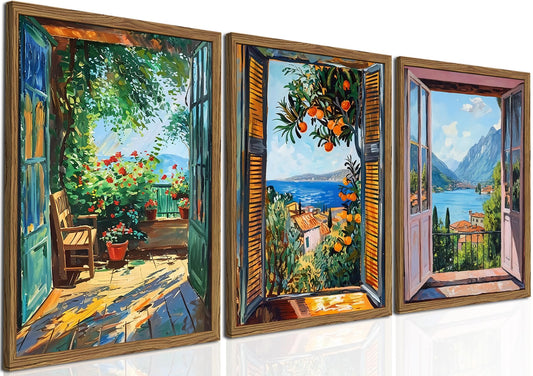 Vintage Open Window Henri Matisse Wall Art, Blue Italian Coastal Landscape Painting Wall Decor, Italy Mediterranean Country Poster Canvas Prints for Living Room Bedroom 12x16 inch Wood Framed