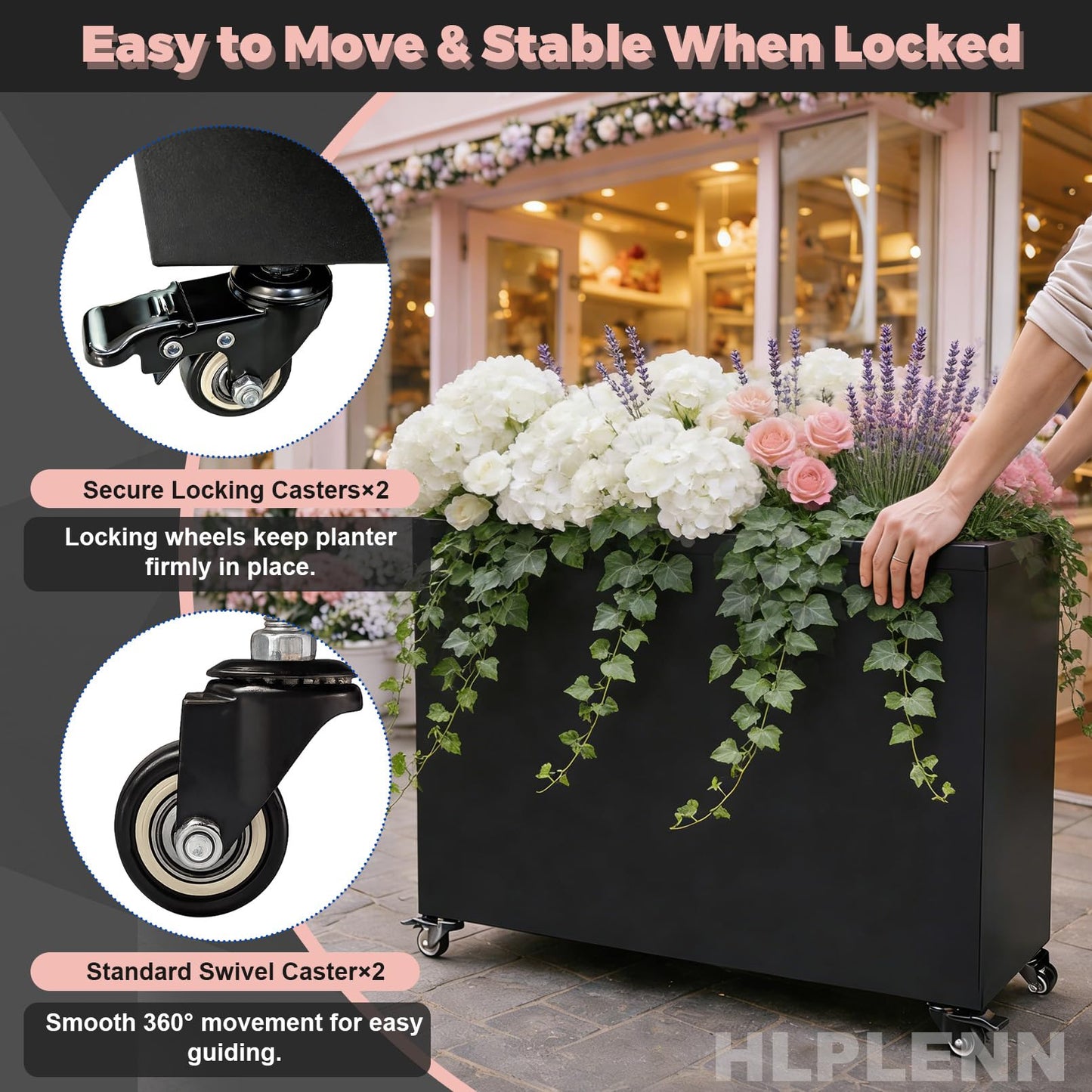 Hlplenn Tall Rectangular Metal Planter Box（36''L x 11''W x 30''H） with Wheels, Large Outdoor Rolling Planter for Patio & Garden, Modern Black Steel Planter Boxes Outdoor with Locking Casters