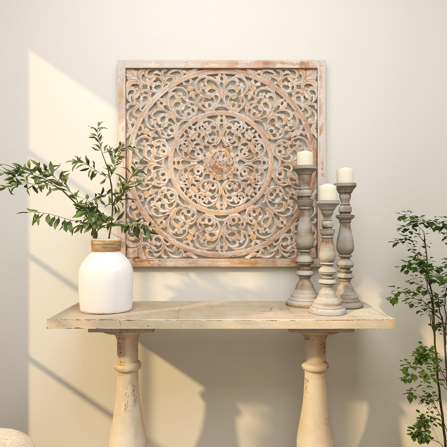 Deco 79 Wooden Floral Handmade Carved Scroll Mandala Wall Decor with Brown Distressing, 36" x 1" x 36", Gray