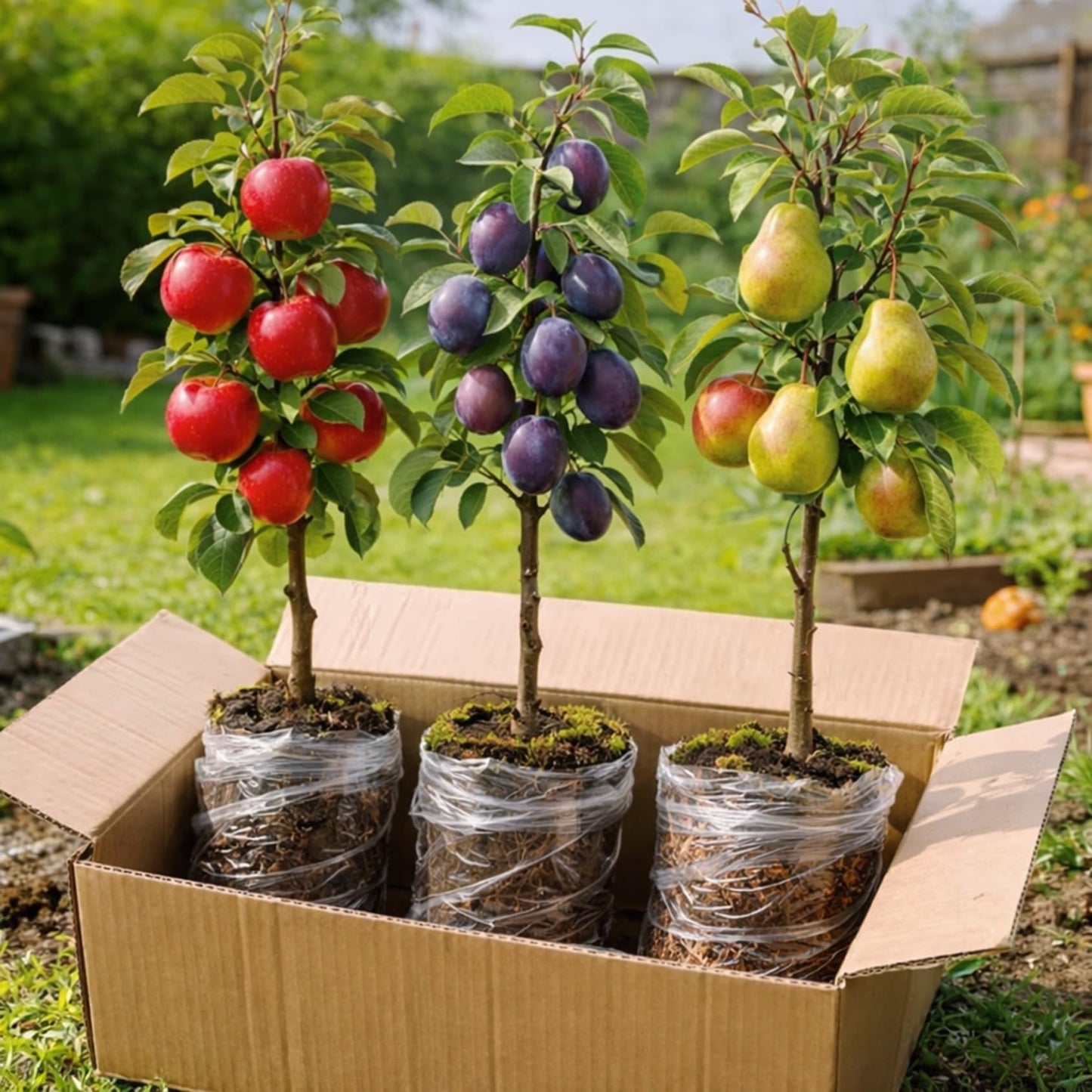 Apple, Plum & Pear Trees (3-Pack) – Dwarf Fruit Trees, Easy Grow Backyard Orchard Starter Kit (6 Pack - 2 of Each)