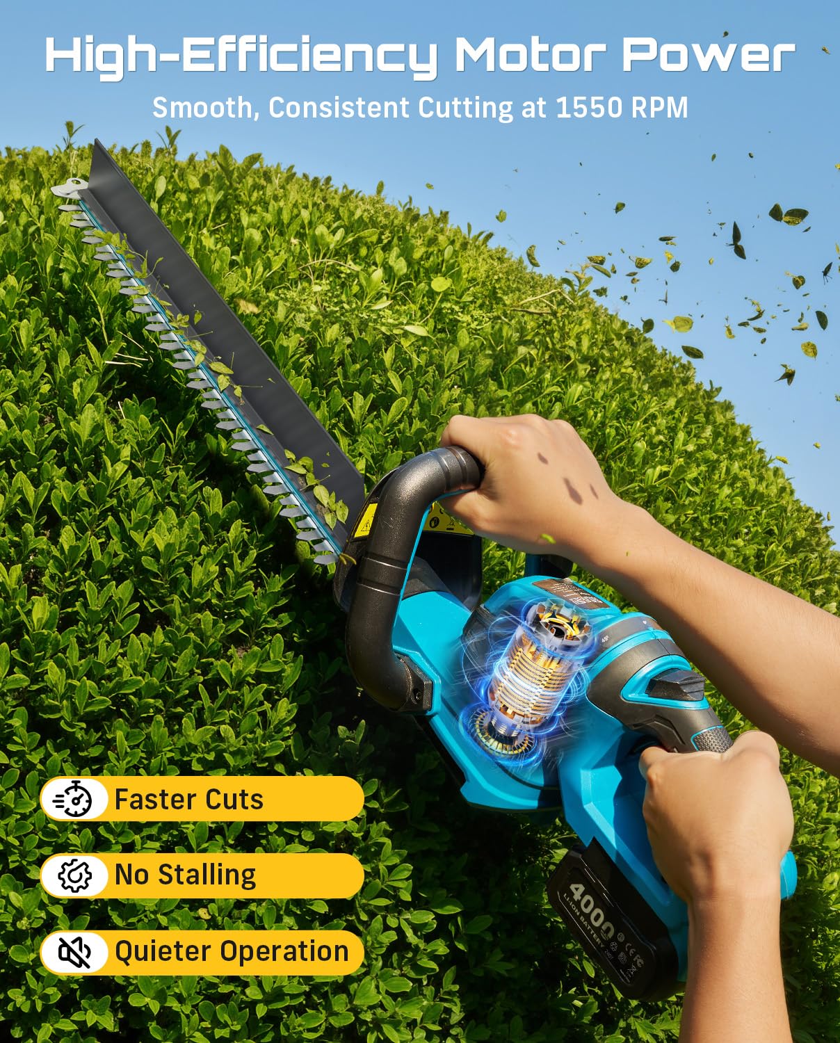 SEESII 22" Hedge Trimmer Cordless, 20V Electric Bush Trimmer with 2 Pcs 4000mAh Batteries & Charger, 180°Rotatable Handle, 3/4" Blade Gap, Debris Collector, Handheld Power Shrub Trimmers for Yard