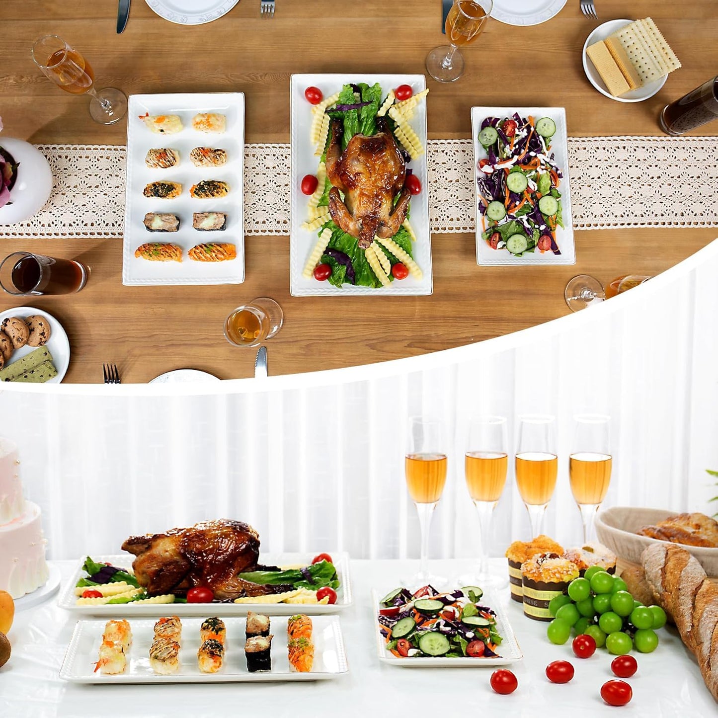Kassel Ceramic Serving Platter Set | 16”/14”/12” Rectangular Serving Trays for Entertaining at Parties and Weddings | Oven Safe Extra Large Serving Trays for Tacos, Steak, and Cake