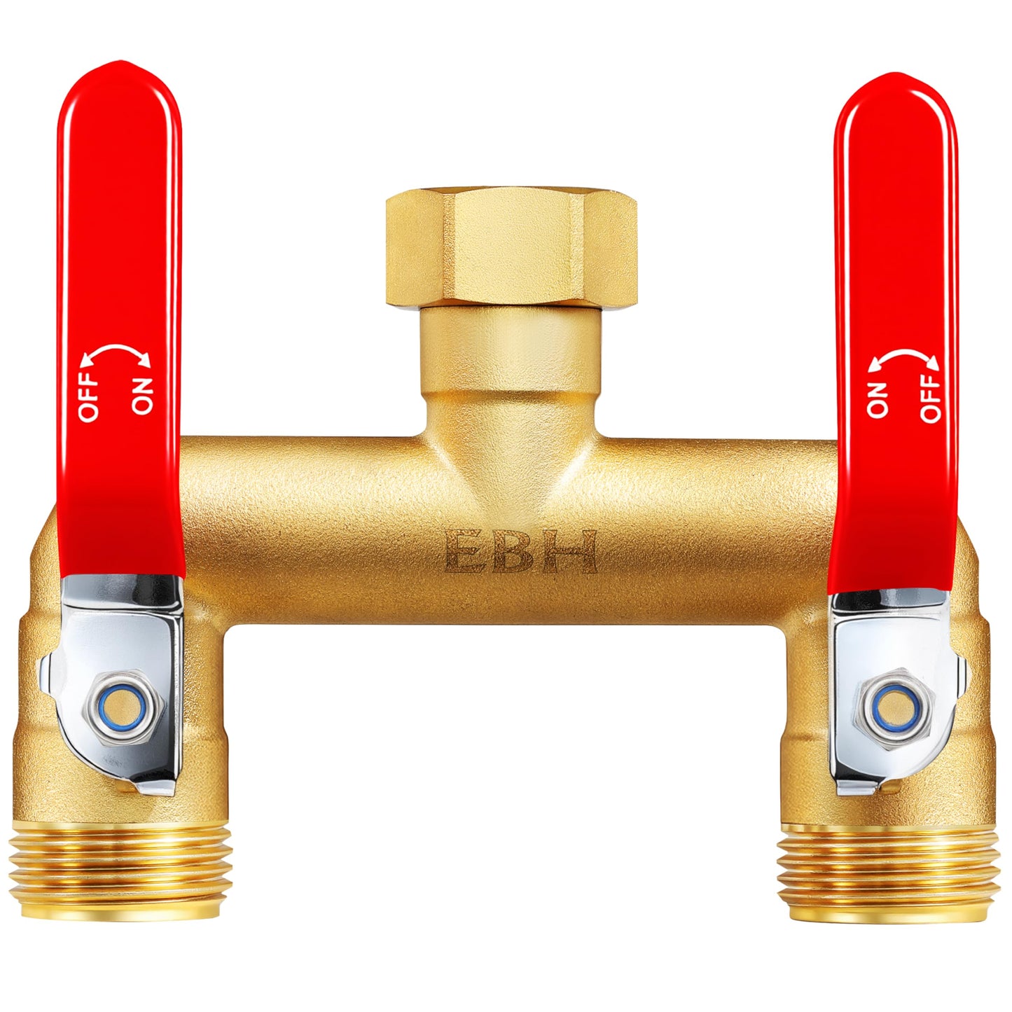 EBH Garden Hose Splitter, 2-Way Full Flow Brass Heavy Duty Outdoor Hose Manifold with Extra Long Handles Shutoff Valves Spigot Adapter- 3/4” GHT Thread