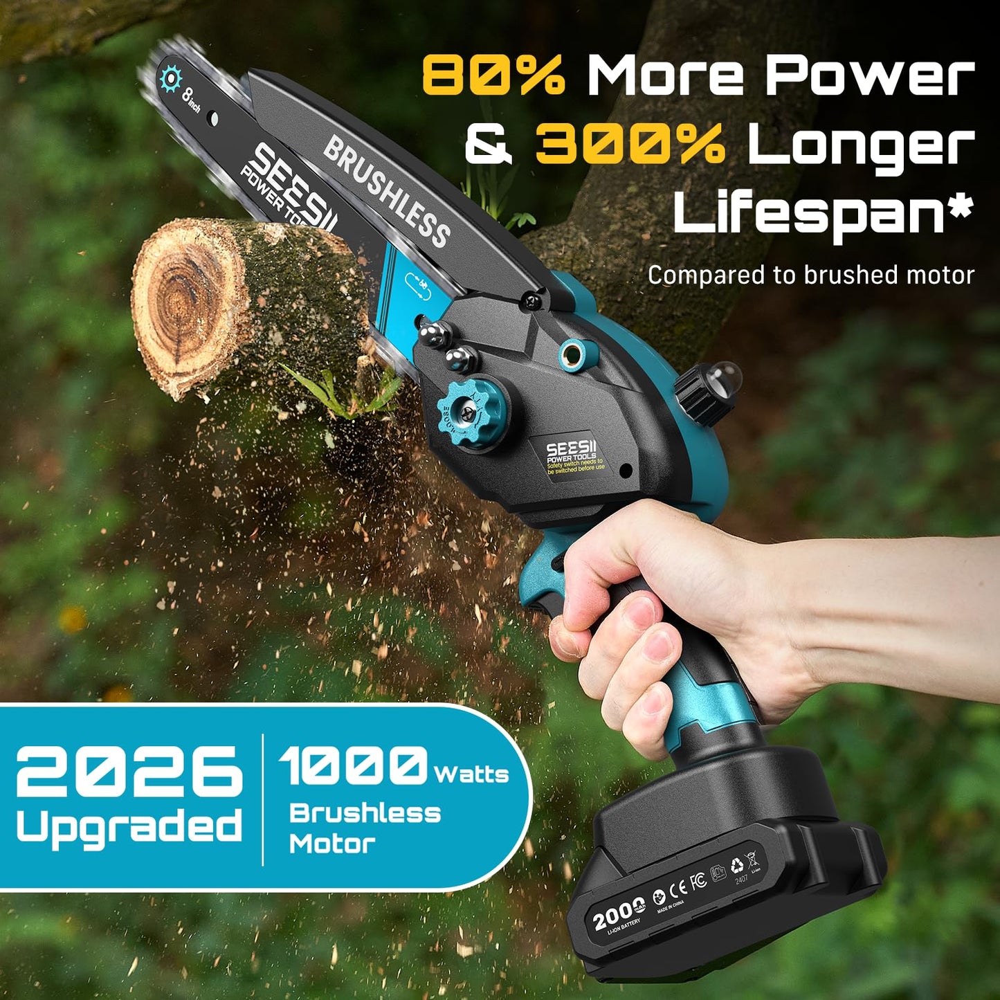 Seesii Mini Chainsaw Cordless, 8 Inch & 6 Inch Electric Chainsaw with 2 Batteries & Auto Oiler, 1000W Brushless Handheld Chain Saw for Tree Branch Wood Cutting, Garden Tools Gift for Men Dad Husband