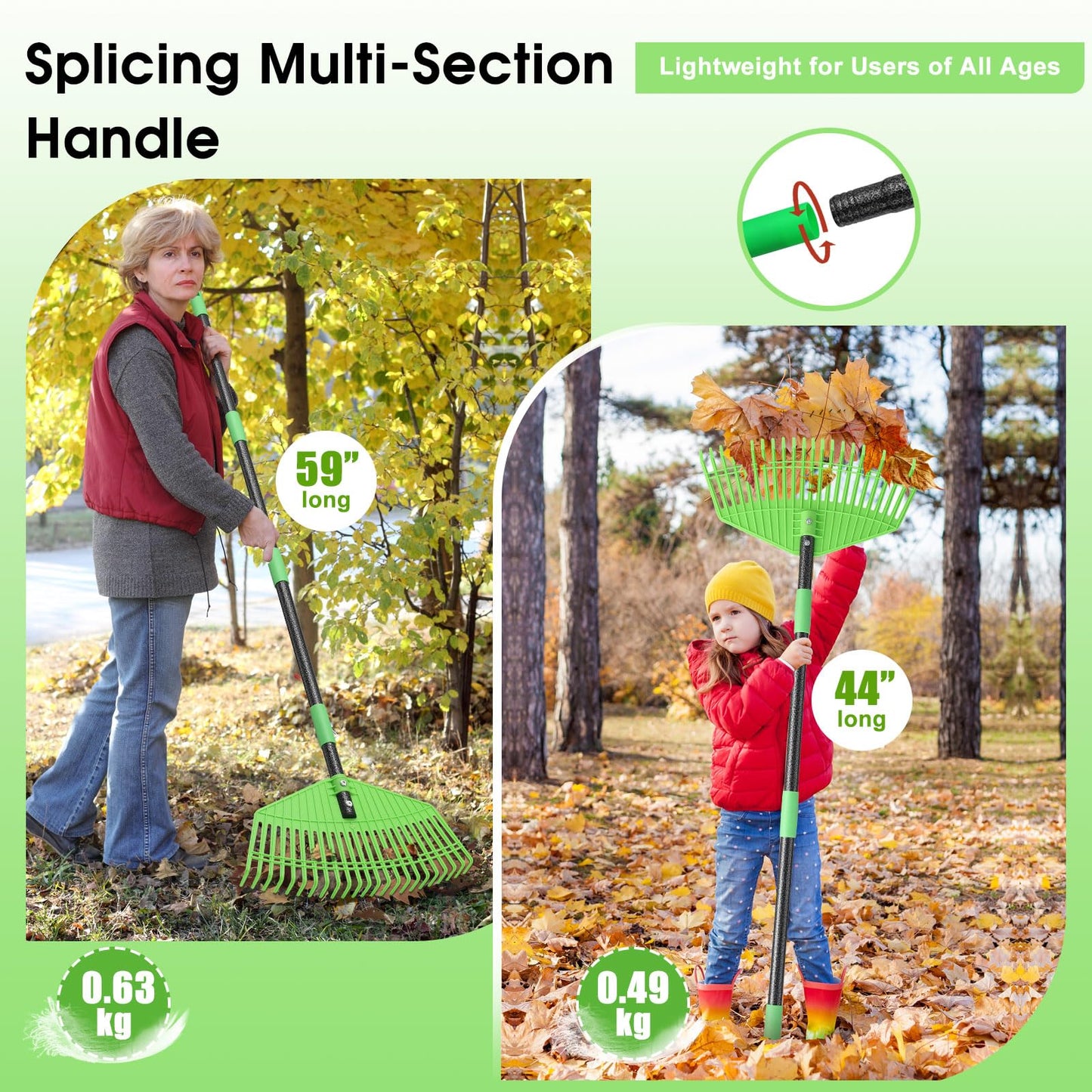 Garden Leaf Rake,16.5” Plastic Leaf Rake for Lawn,Unbreakable Nylon Head, No Harm to Lawn Grass,Yard Raking Tools for Turf Leaves Thatch Debris Pine Needle Cleanup, Lightweight for Kids Seniors