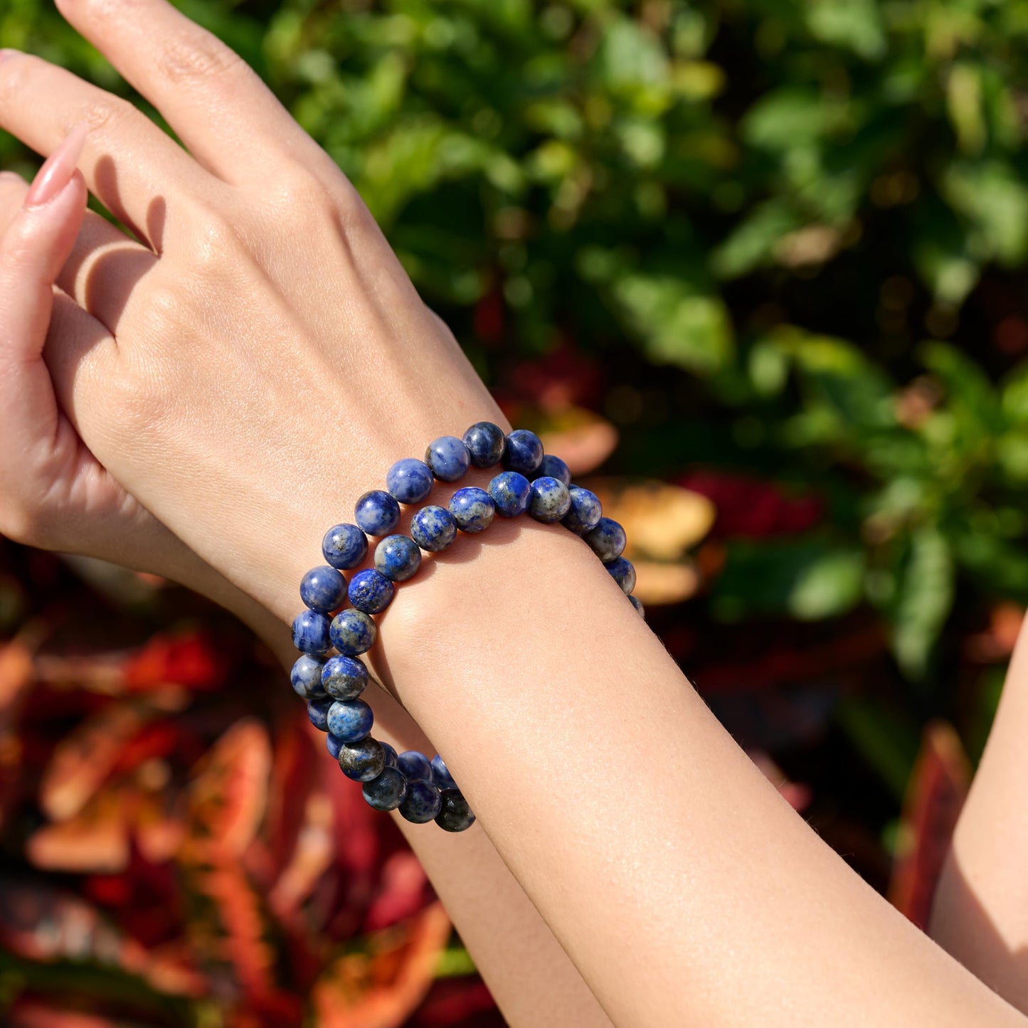 Bivei Natural Gemstone Semi Precious Crystals Handmade Stretchy Round Beads Bracelet, Enhance Positive Energy,Stocking Stuffers for Women(Lapis Lazuli & Sodalite(Wisdom & Communication) Medium)