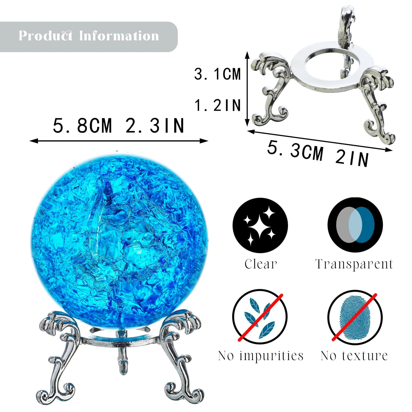 kanpura 60mm Ice Cracked Crystal Ball Paperweight Crystal Ball with Stand Glass Ball Ornament for Christmas Home Decor(Blue)