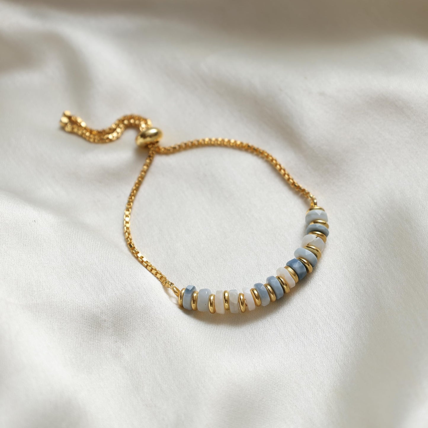 Gempires Blue Opal Beaded Bracelet October Birthstone Crystal Jewelry Hypoallergenic 6-8 Inch Gold Plated Lightweight Slider Bracelets For Women