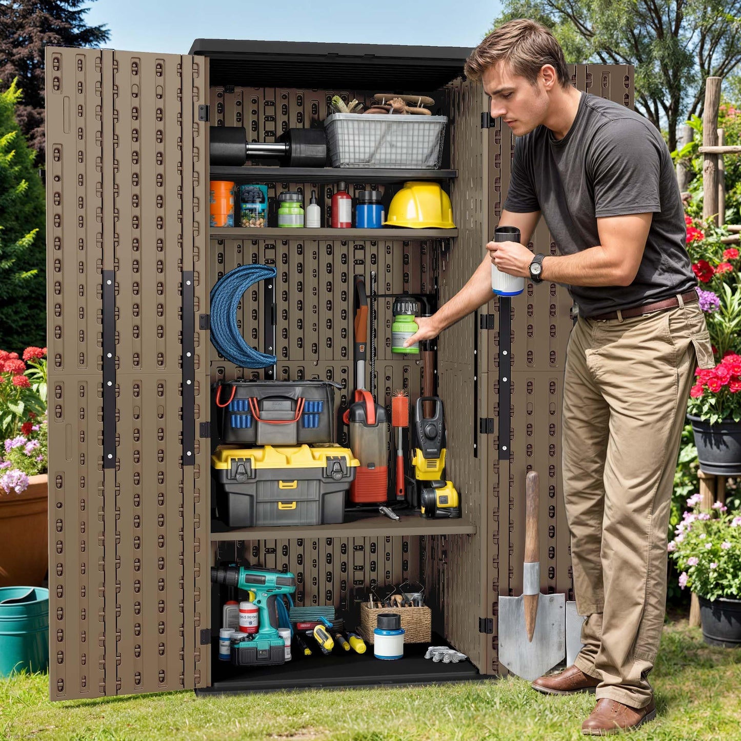 DWVO Outdoor Vertical Storage Shed with 4 Shelves, Waterproof Tall Plastic Storage Shed with 4 Adjustable Shelf, 30 cu. ft. Patio Tools Storage for Patio, Garden, Backyard, Deck, Brown
