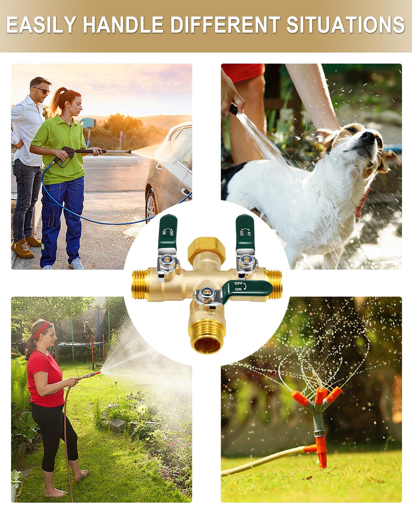 EBH Garden Hose Splitter 3 Way, Heavy Duty Solid Brass Hose Splitter with Shutoff Valves, Water Spigot Splitter With 304 Stainless Steel Handle, Full Flow Outdoor Faucet Splitter, 3/4" GHT Thread
