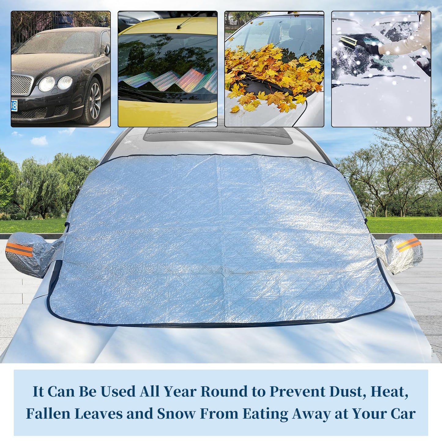 ICWEIMEI Car Windshield Snow Cover, 4-Layer Protection for Snow, Ice, Frost, Sunlight, Large Magnetic Car Windshield Cover with Side Mirror Protector Fit for Large Cars, SUV, Truck, Van in All Weather