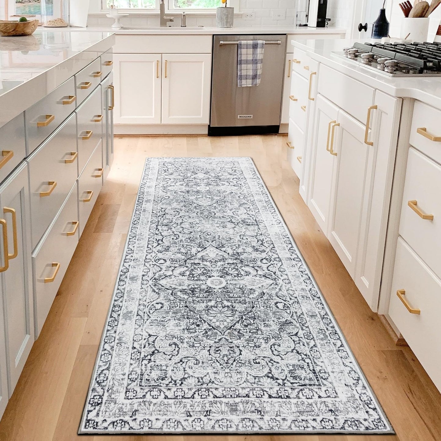 2x6 Hallway Washable Runner Rug : Vintage Soft Kitchen Bathroom Laundry Runner Non Slip Backing Farmhouse Entryway Floor Mat Stain Resistant Carpet for Bedroom Living Room Distressd Beside Rug(Gray)