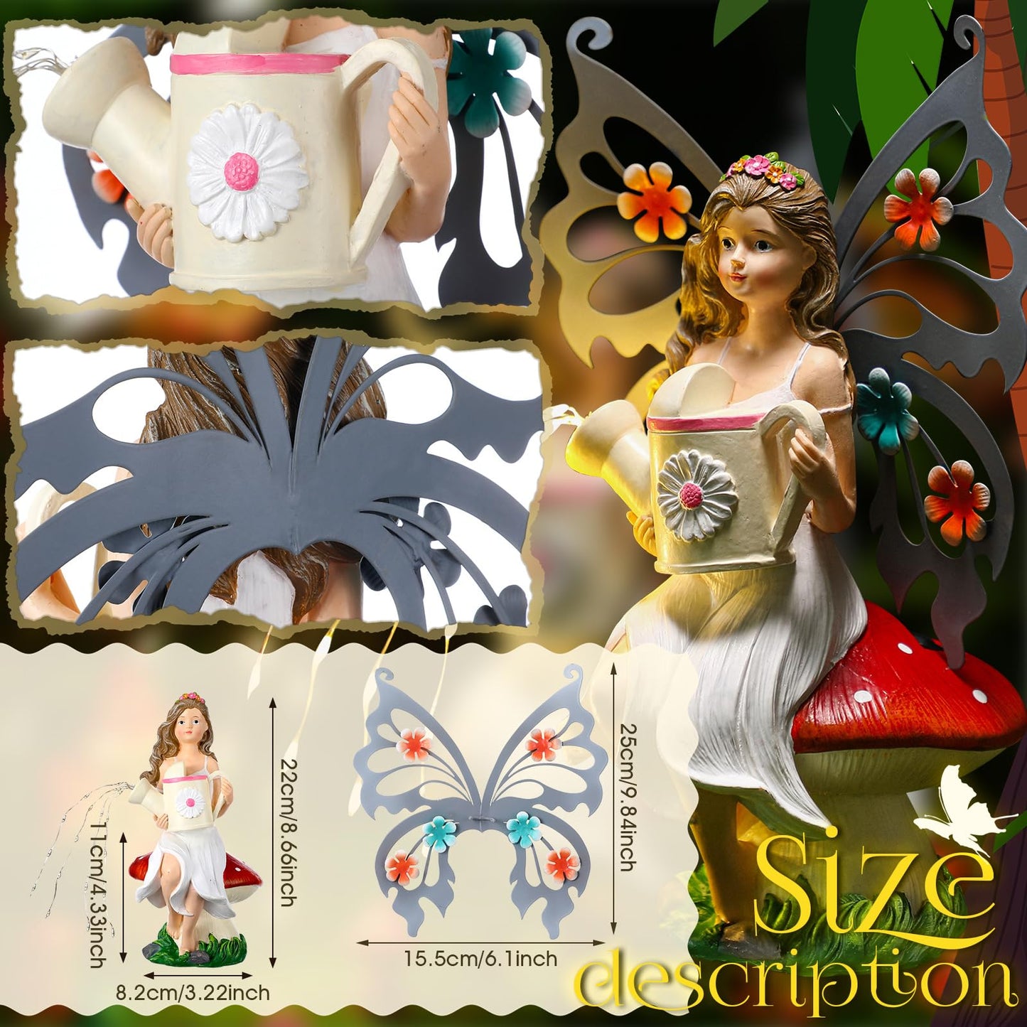 Cinnvoice 9. 8'' H Fairies Garden Figurines Garden Accessories Butterfly Wing Fairy Figurine Mushroom Decor Solar Luminous Watering Can Resin Statue for Outdoor Indoor Patio Yard Home Decorations