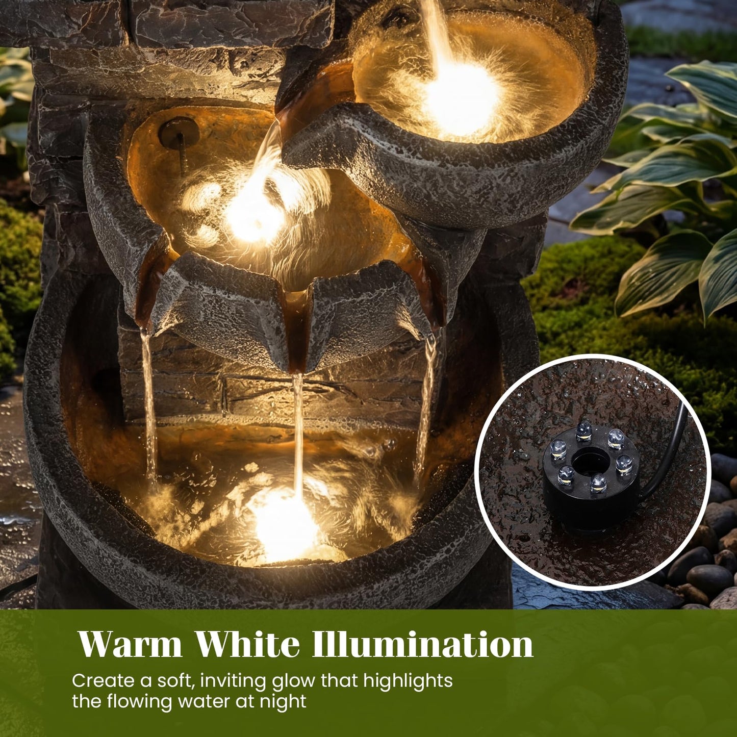 Giantex 33'' Water Fountain Outdoor, 5-Tier Cascading Stacked Stone Bowl Waterfall Fountain with LED Lights & Pump, Outside Water Feature for Patio, Balcony, Deck, Garden, Yard Decor