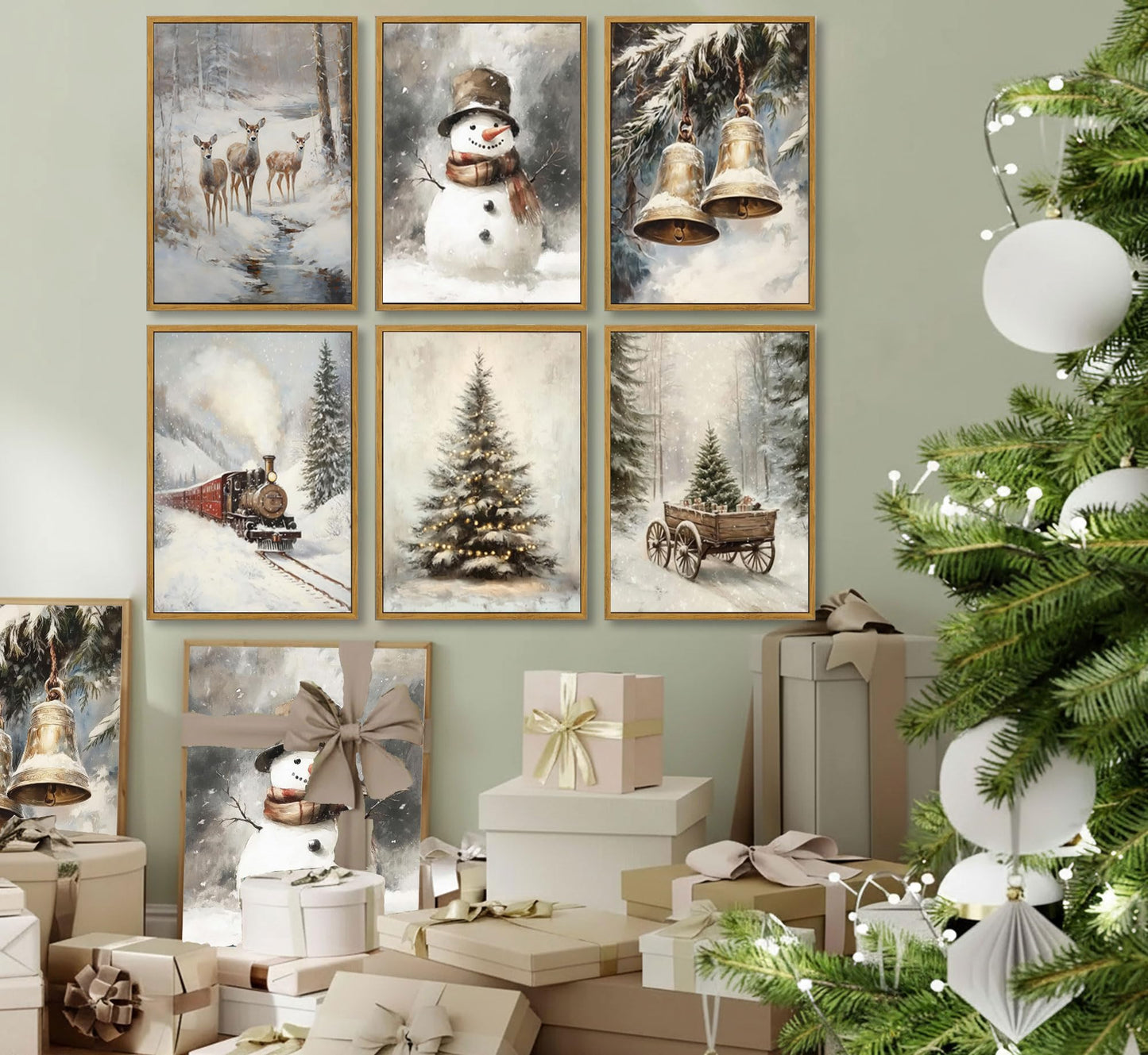 6pcs Retro Christmas Canvas Wall Art Tree Snowman Elk Christmas Posters Prints Paintings Winter Landscape Festive Elements Wall Decor Pictures for Living Room And Bedroom Furniture Decoration Unframed